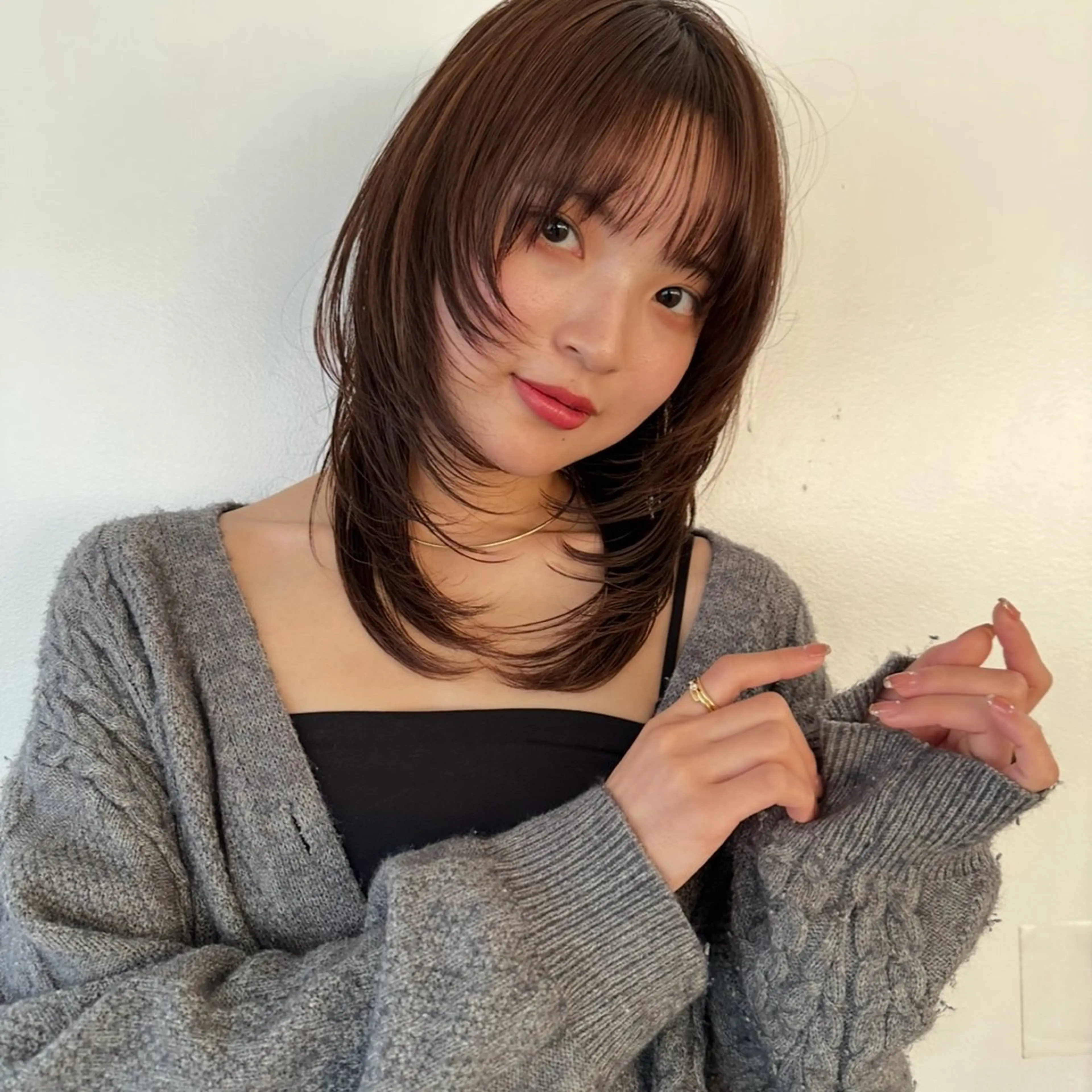 ミディアム 顔まわりレイヤー レイヤーカット カット ヘアカラー 韓国レイヤー/暖色 カラー/KOTONEのヘアスタイル