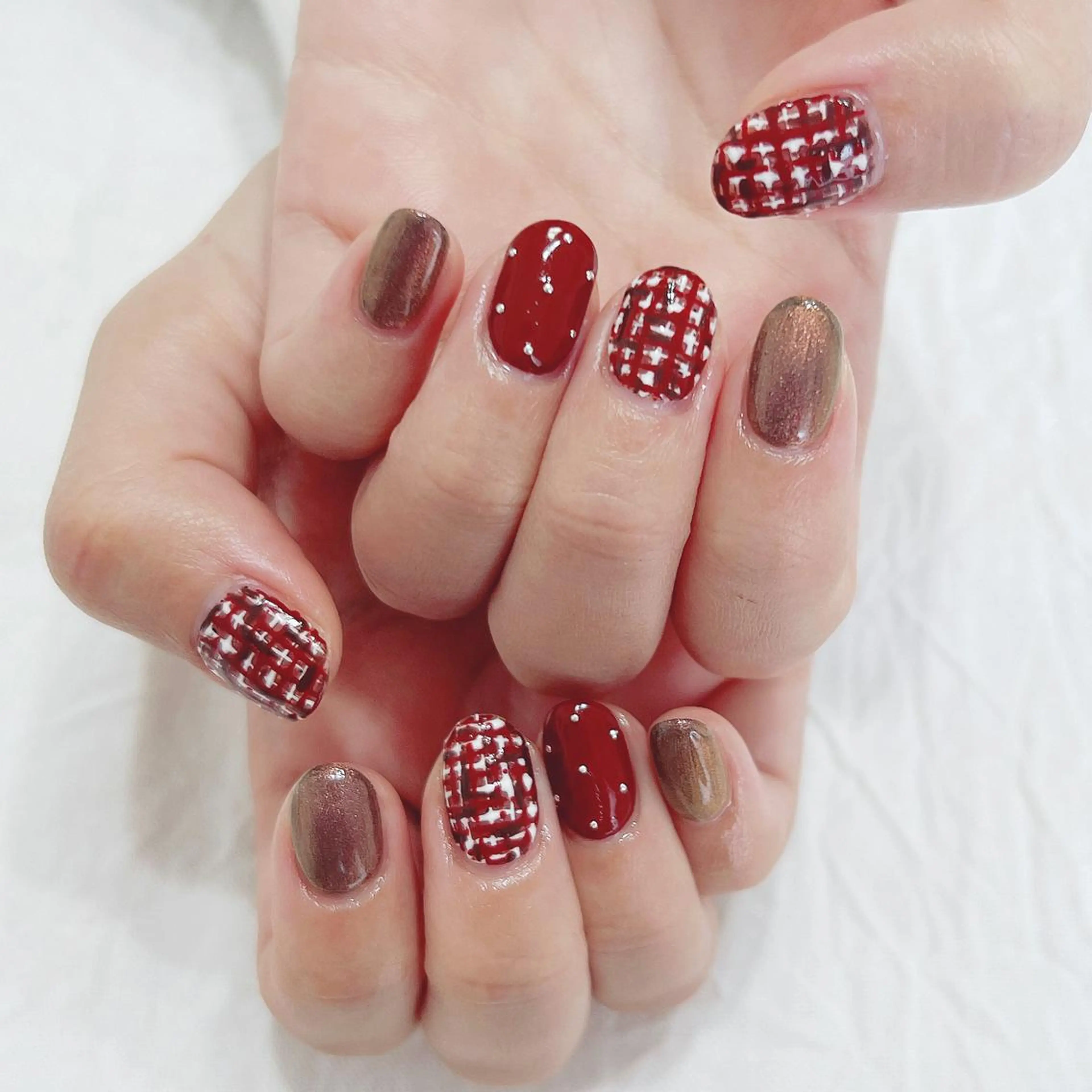 ネイル ブラウン ツイードネイル バレンタイン ハンドネイル peaberry nailのネイルデザイン