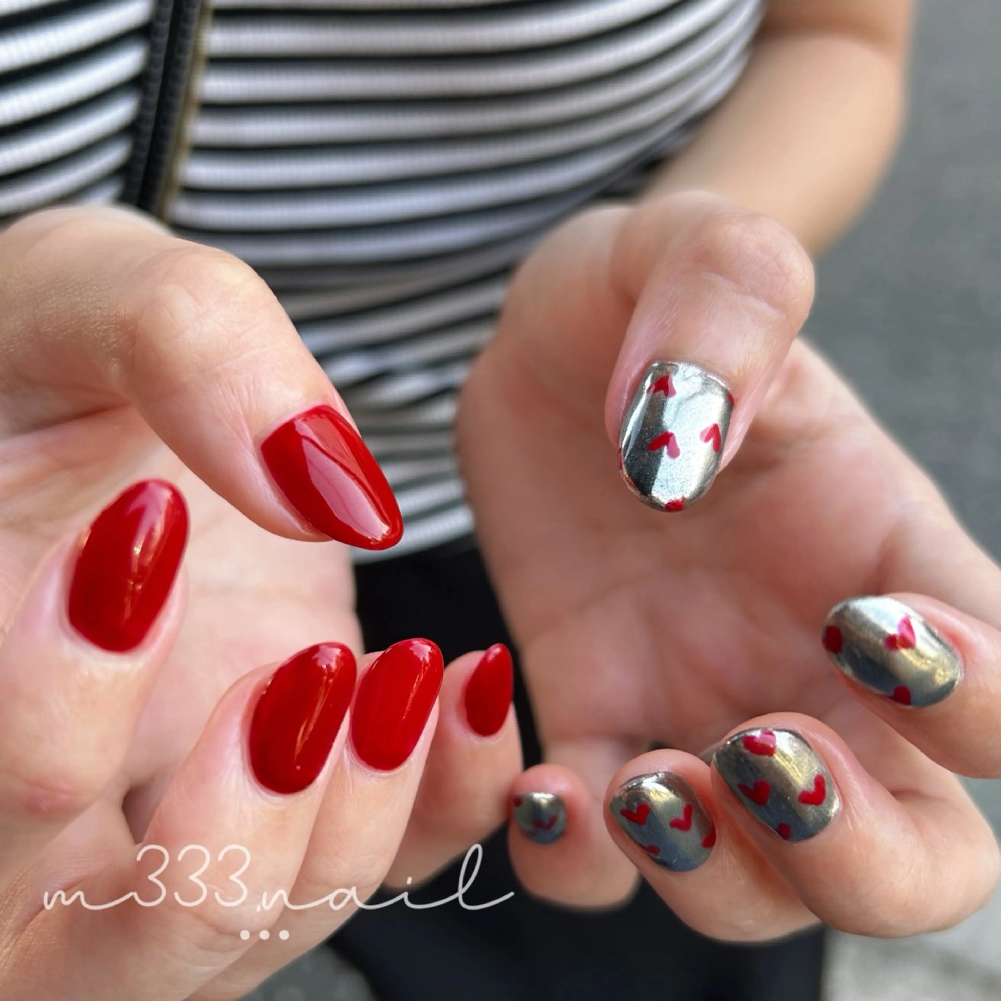ネイル ハート ミラーネイル 赤色 シルバー ハンドネイル hair  MILE.所属・MILE. mukonosouのネイルデザイン