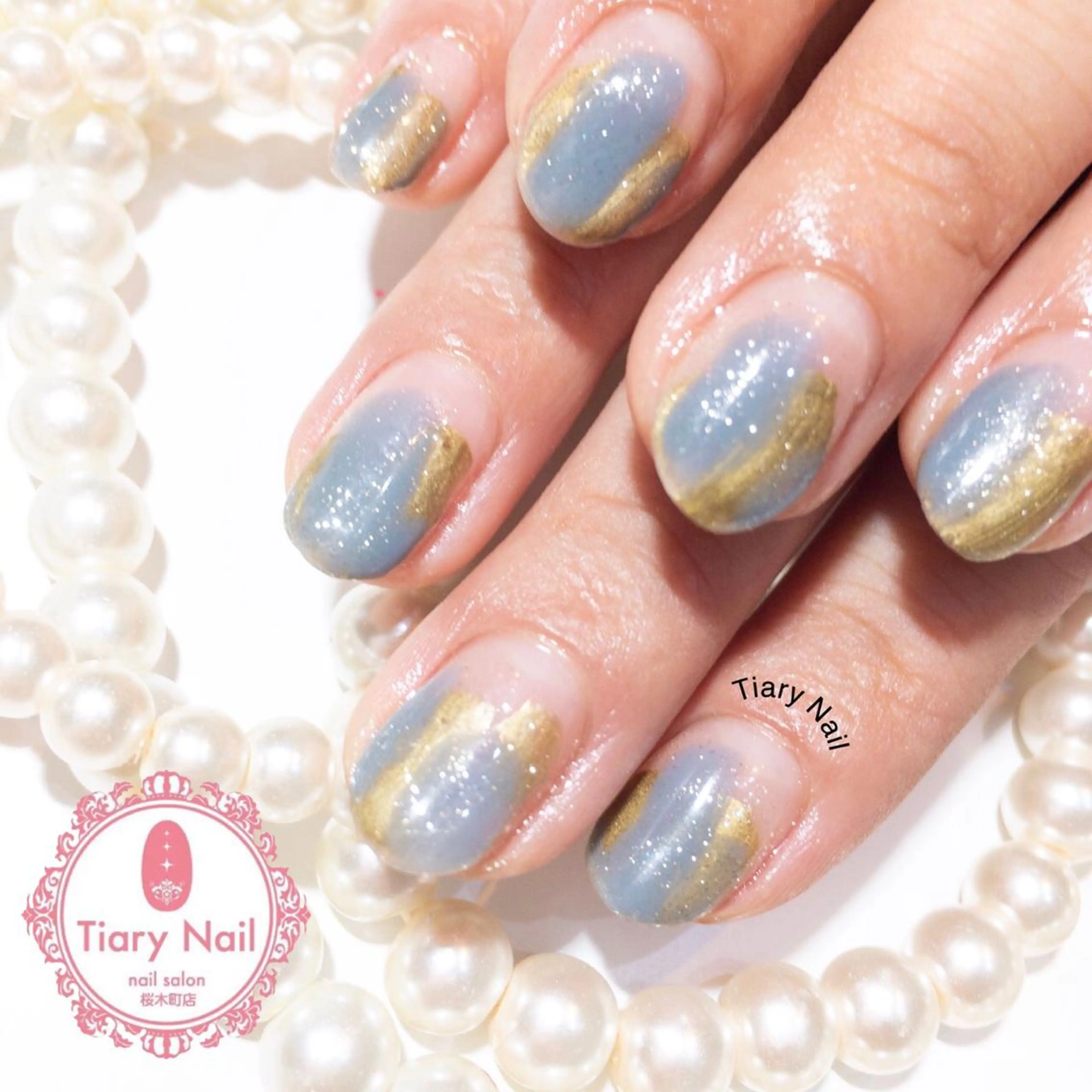 ネイル ブルー ゴールド TiaryNail まほのネイルデザイン