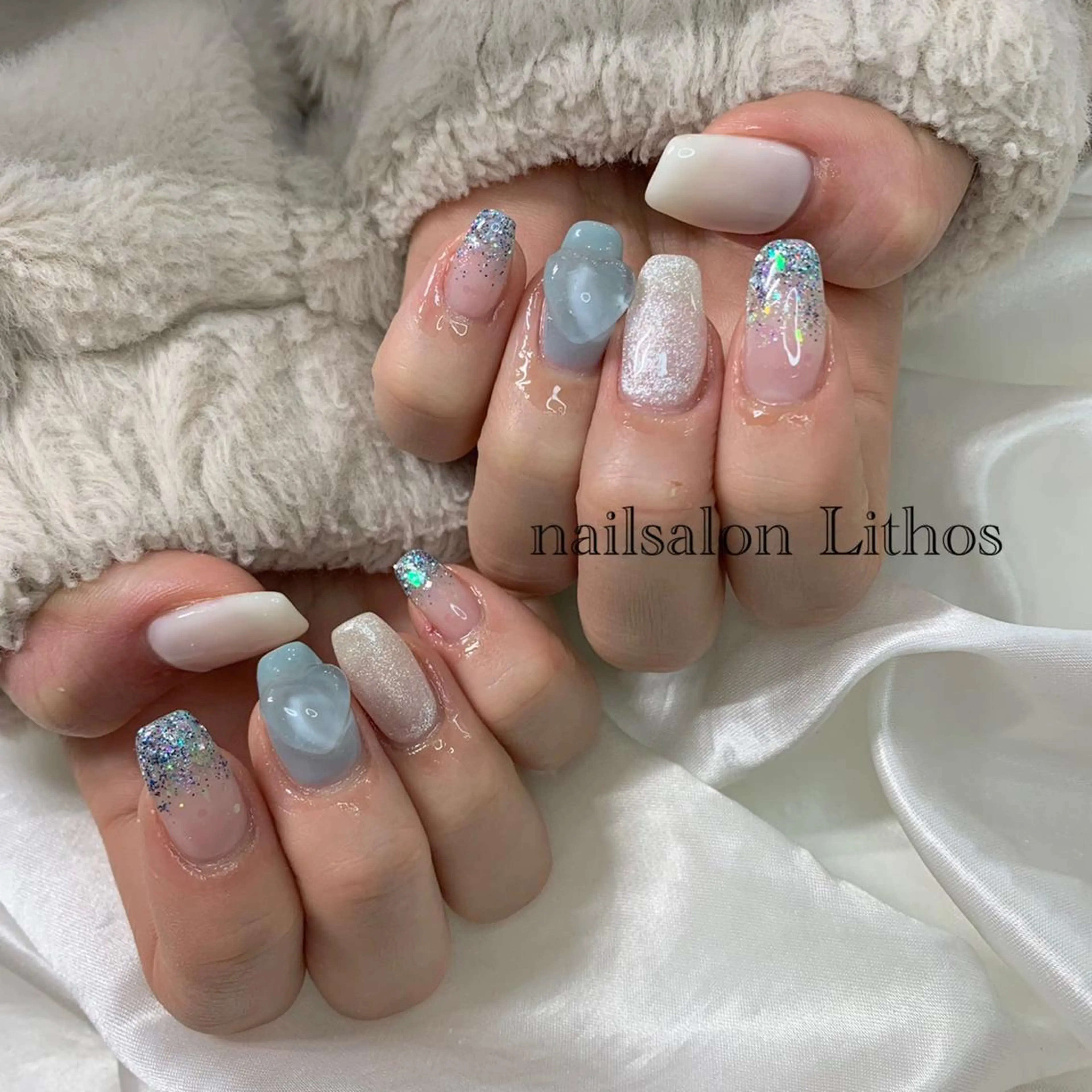 ネイル 氷ネイル・うるうるネイル キラキラネイル ハンドネイル nailsalon Lithos所属・nailsalon Recontreのネイルデザイン
