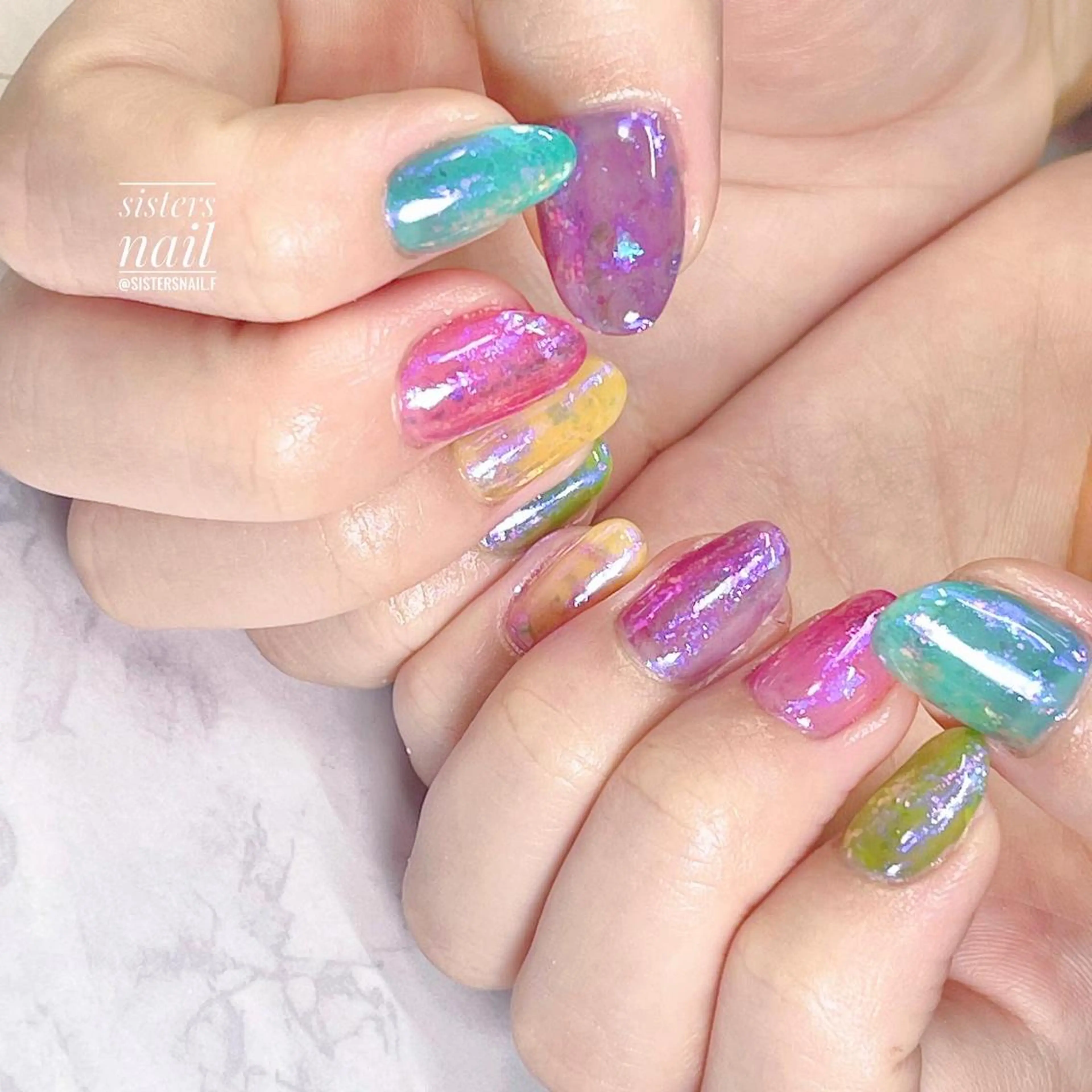 ネイル アートネイル 氷ネイル・うるうるネイル キラキラネイル 夏ネイル sisters nail.fのネイルデザイン