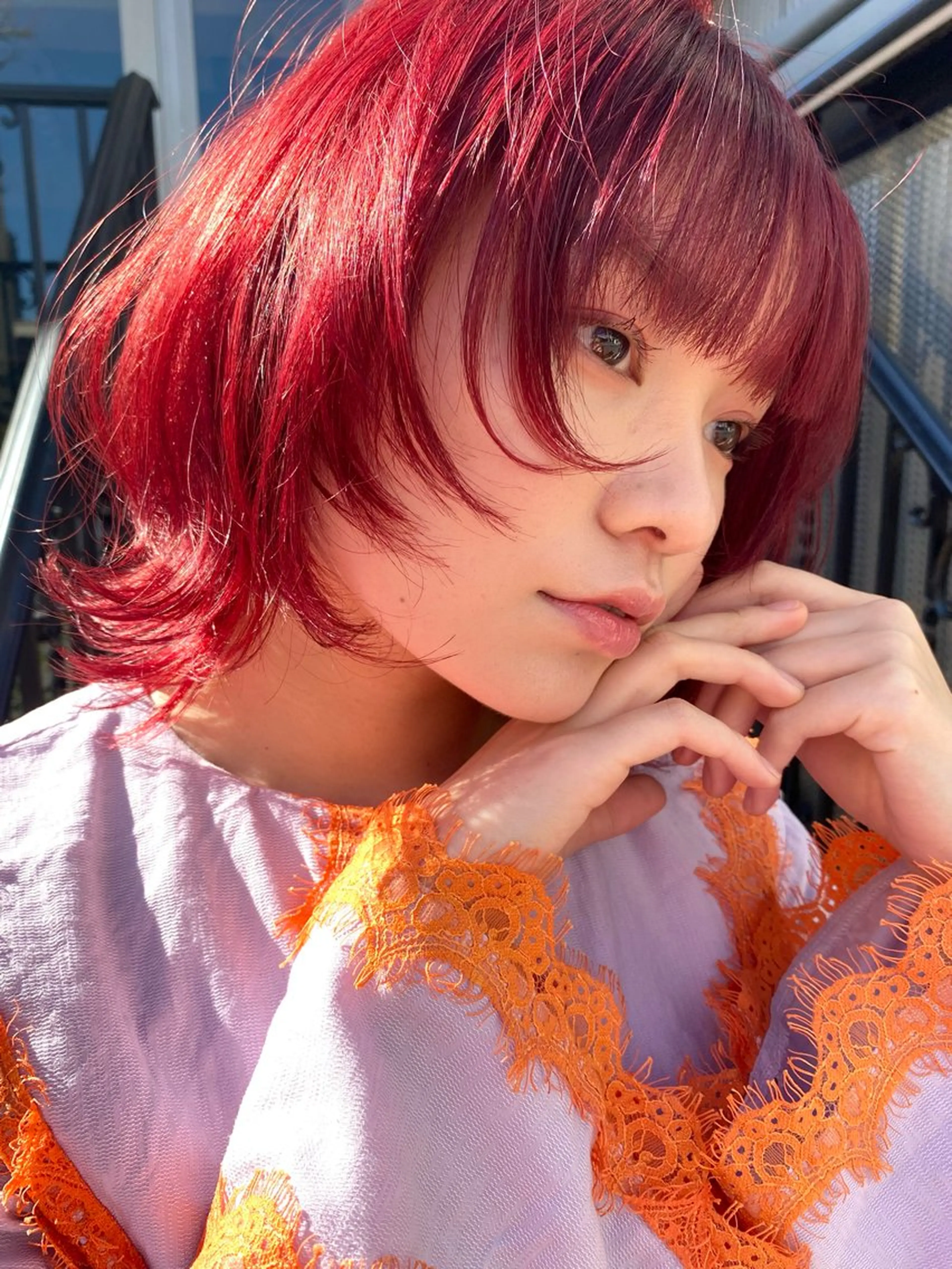 ミディアム カラー ブリーチ ダブルカラー 顔まわりレイヤー 顔周りカット レイヤーカット ヘアカラー 顔周りカット/透明感 カラー/rioのヘアスタイル