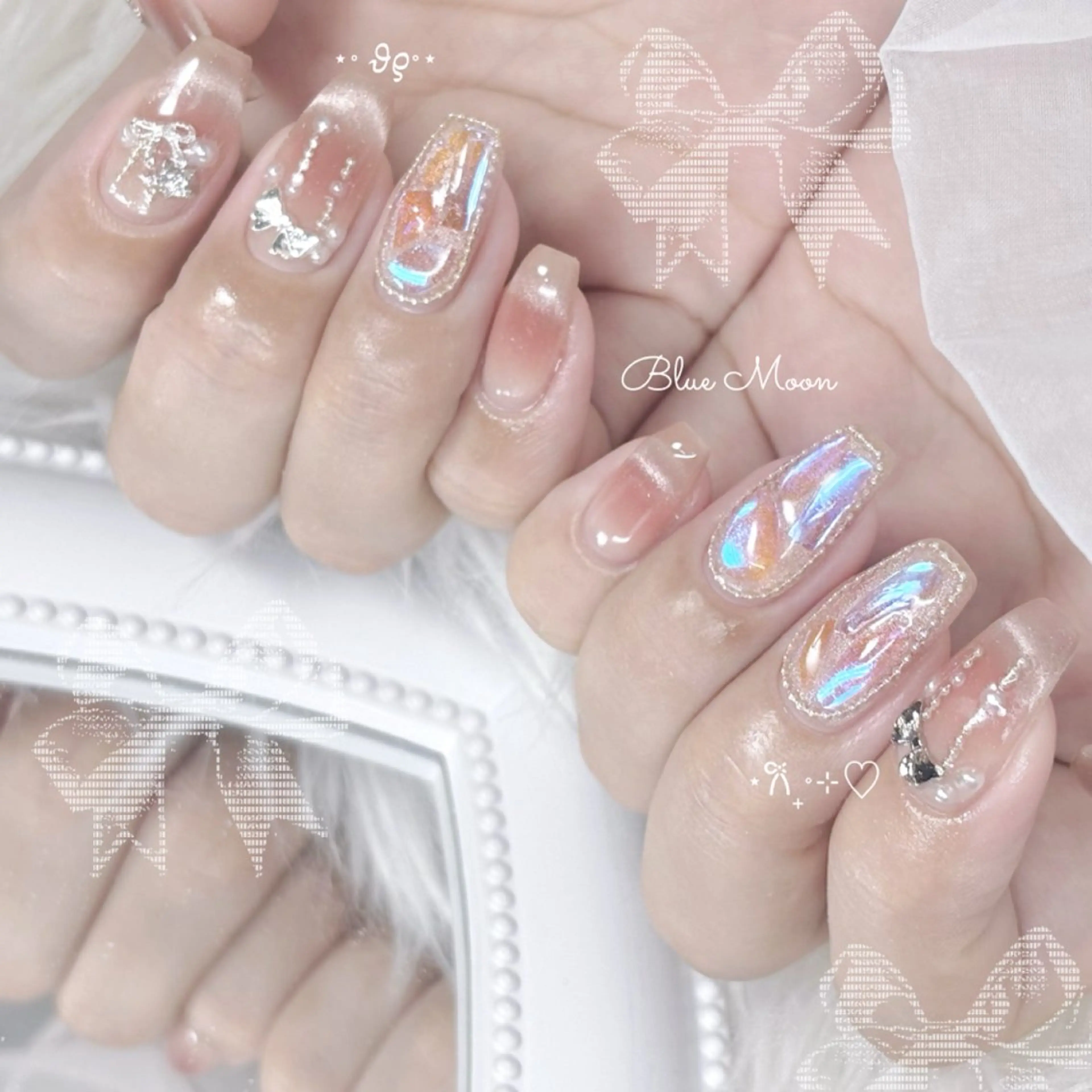 ネイル オーロラネイル リボン ハンドネイル フットネイル ハンドケア nail salon Blue Moonのネイルデザイン