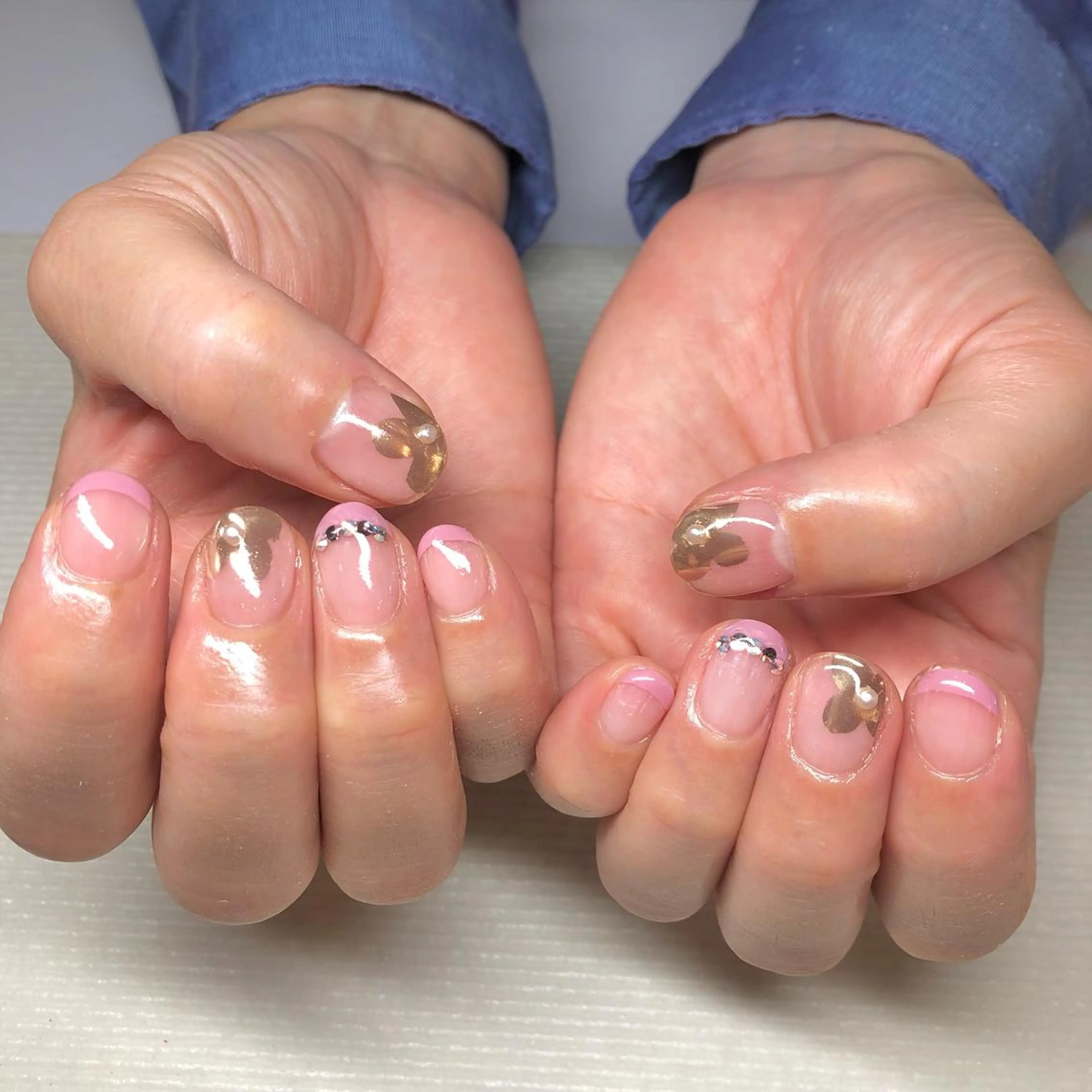 ネイル フレンチネイル ミラーネイル ピンク いちじゅう あおいのネイルデザイン