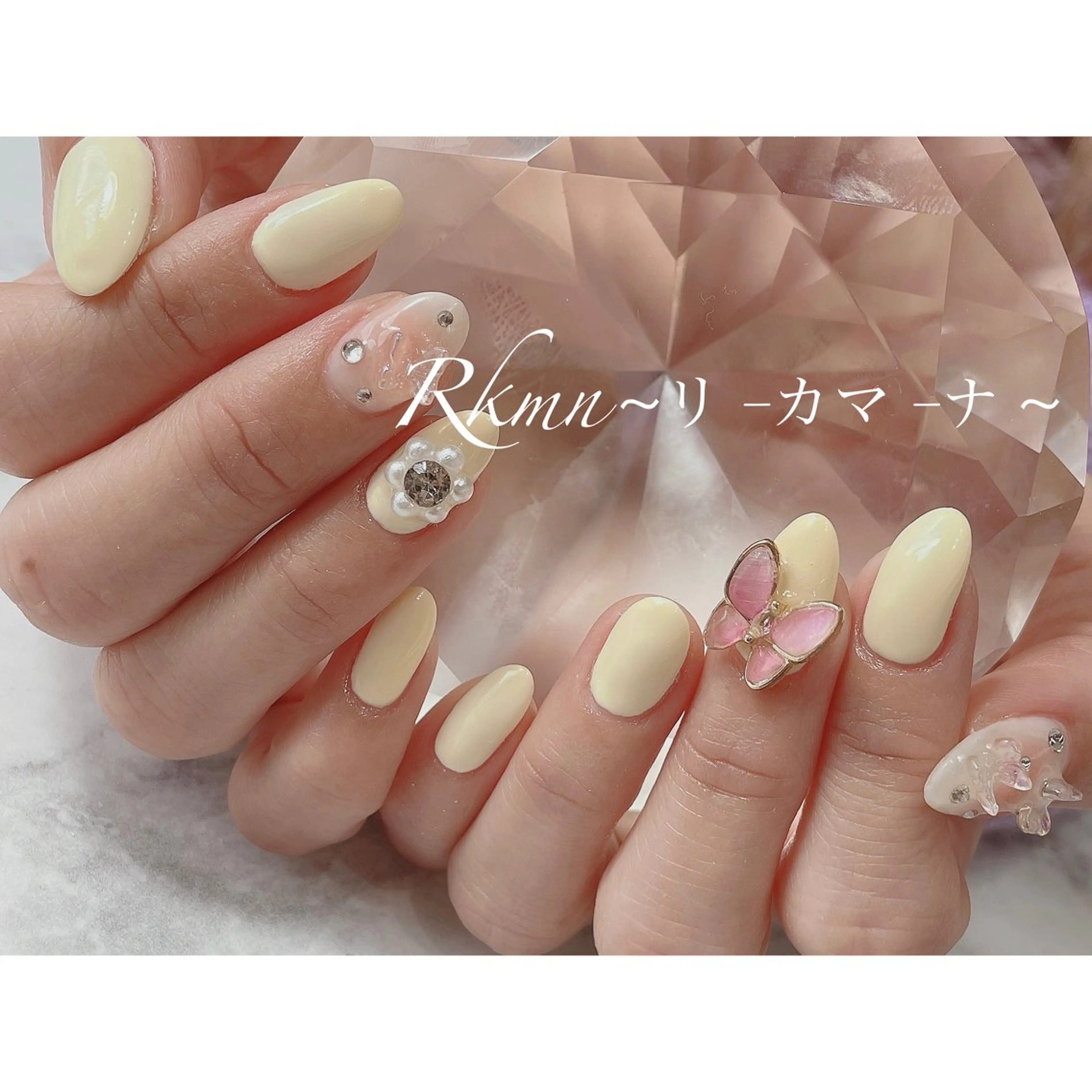 ネイル アートネイル フラワーネイル パステルネイル 春ネイル 黄色 ハンドネイル フットネイル ハンドケア Rkmn ~リ-カマ-ナ~のネイルデザイン