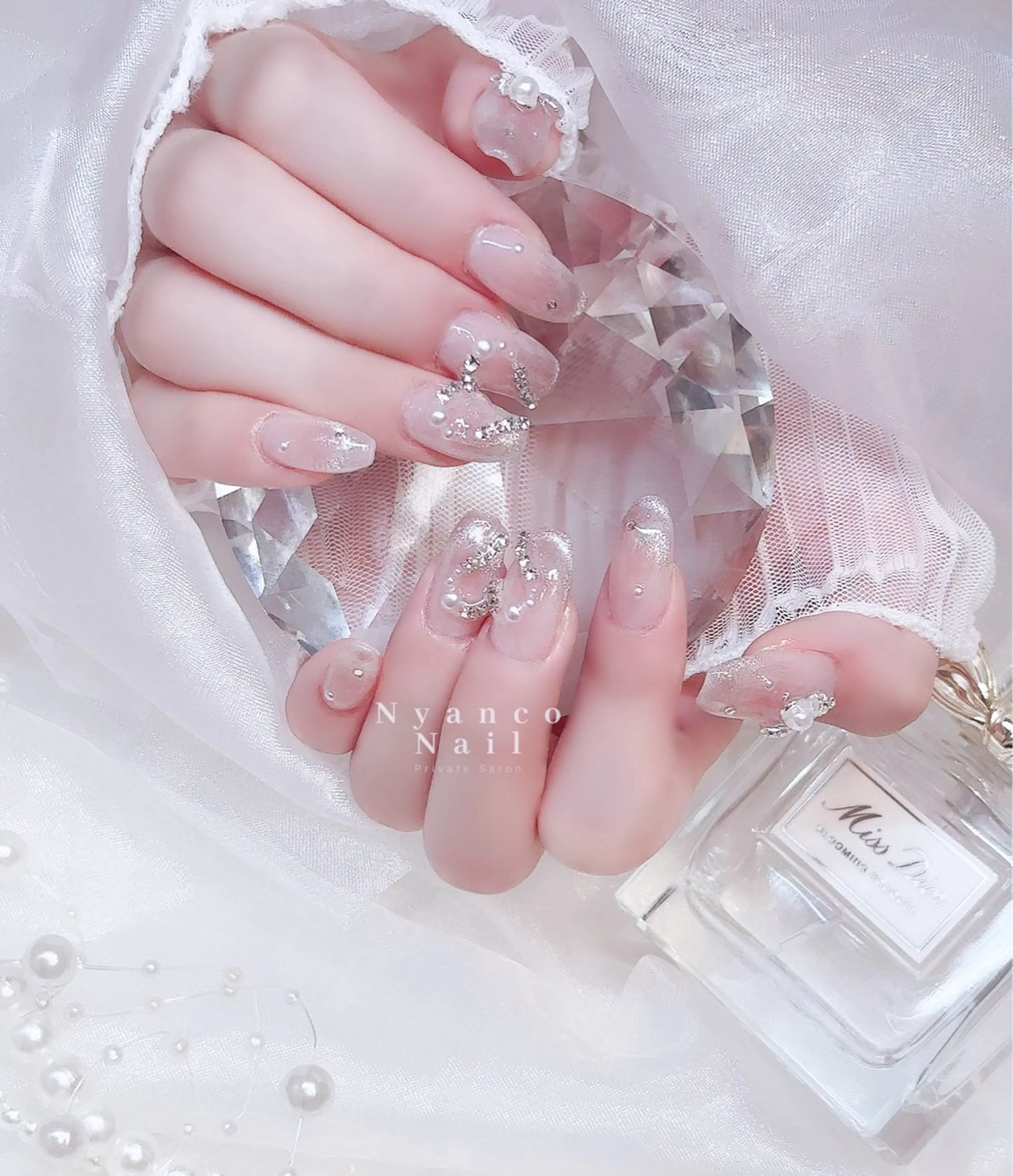 ネイル チークネイル フレンチネイル ジェルネイル ハート キラキラネイル Nyanco Nailのネイルデザイン