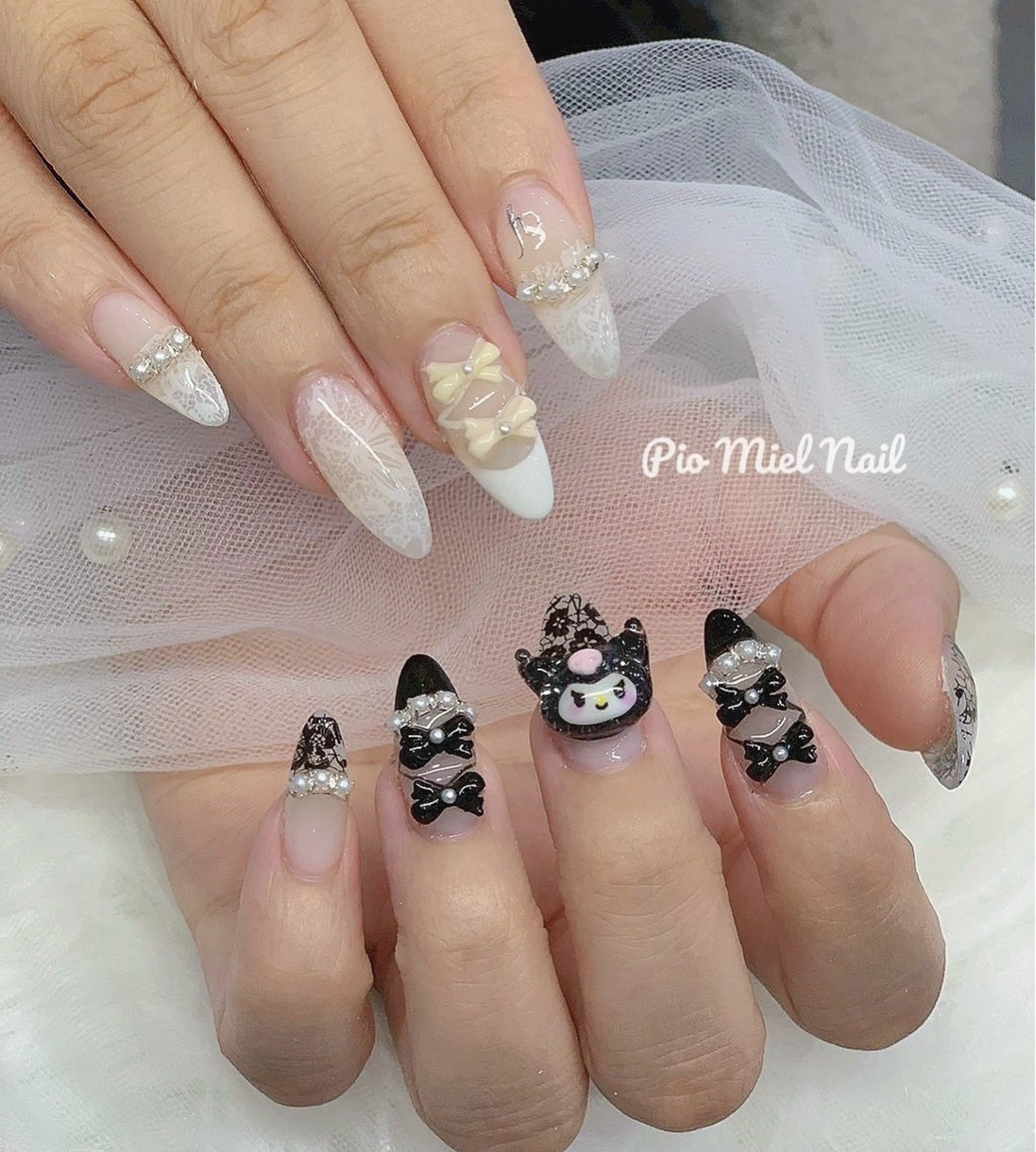 ネイル アートネイル ジェルネイル ガーリー パラジェル リボン ハンドネイル momo 長さだしのネイルデザイン