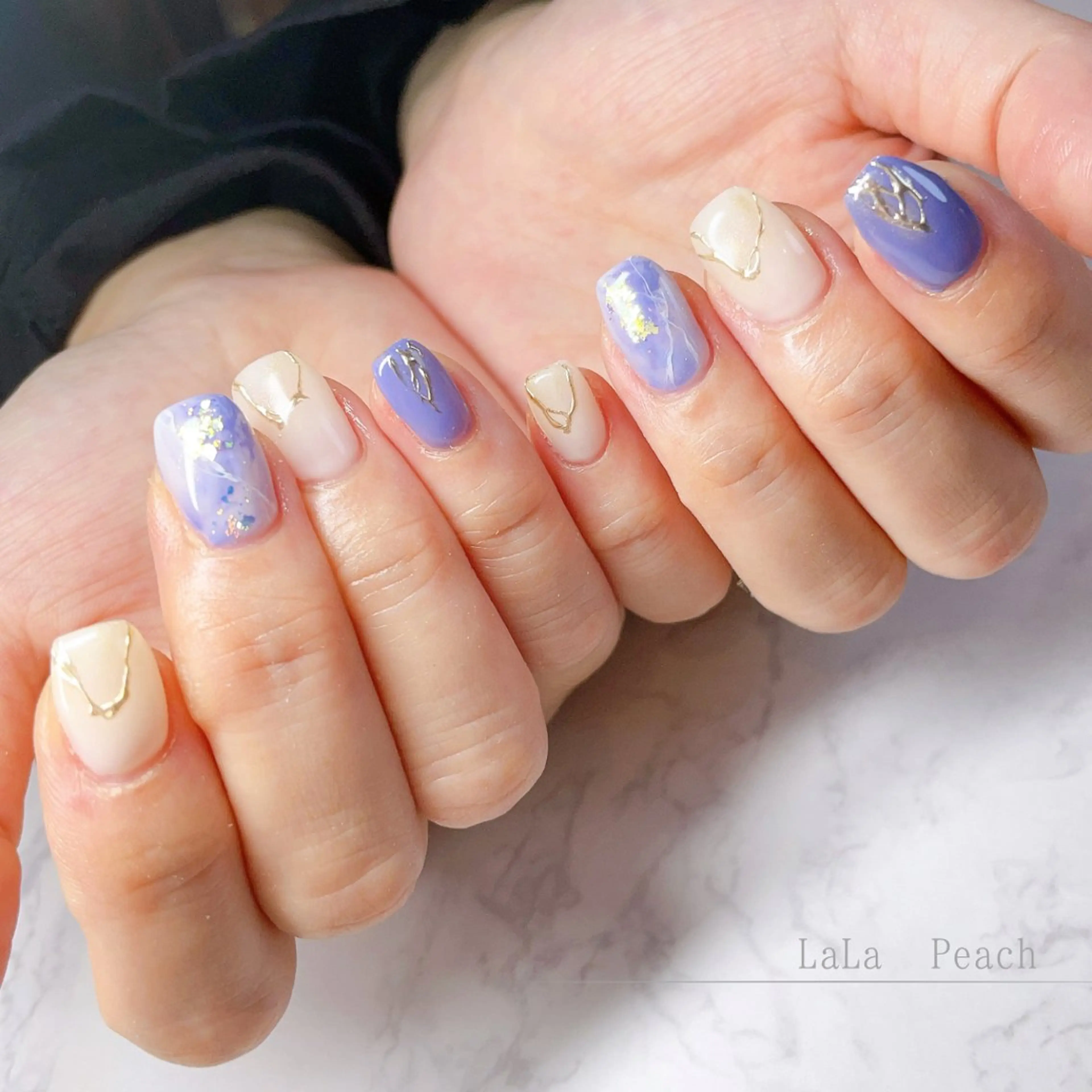 ネイル ブルー ジェルネイル ニュアンスネイル パープル ハンドネイル LaLa Peach 福岡のマツエク・マツパデザイン