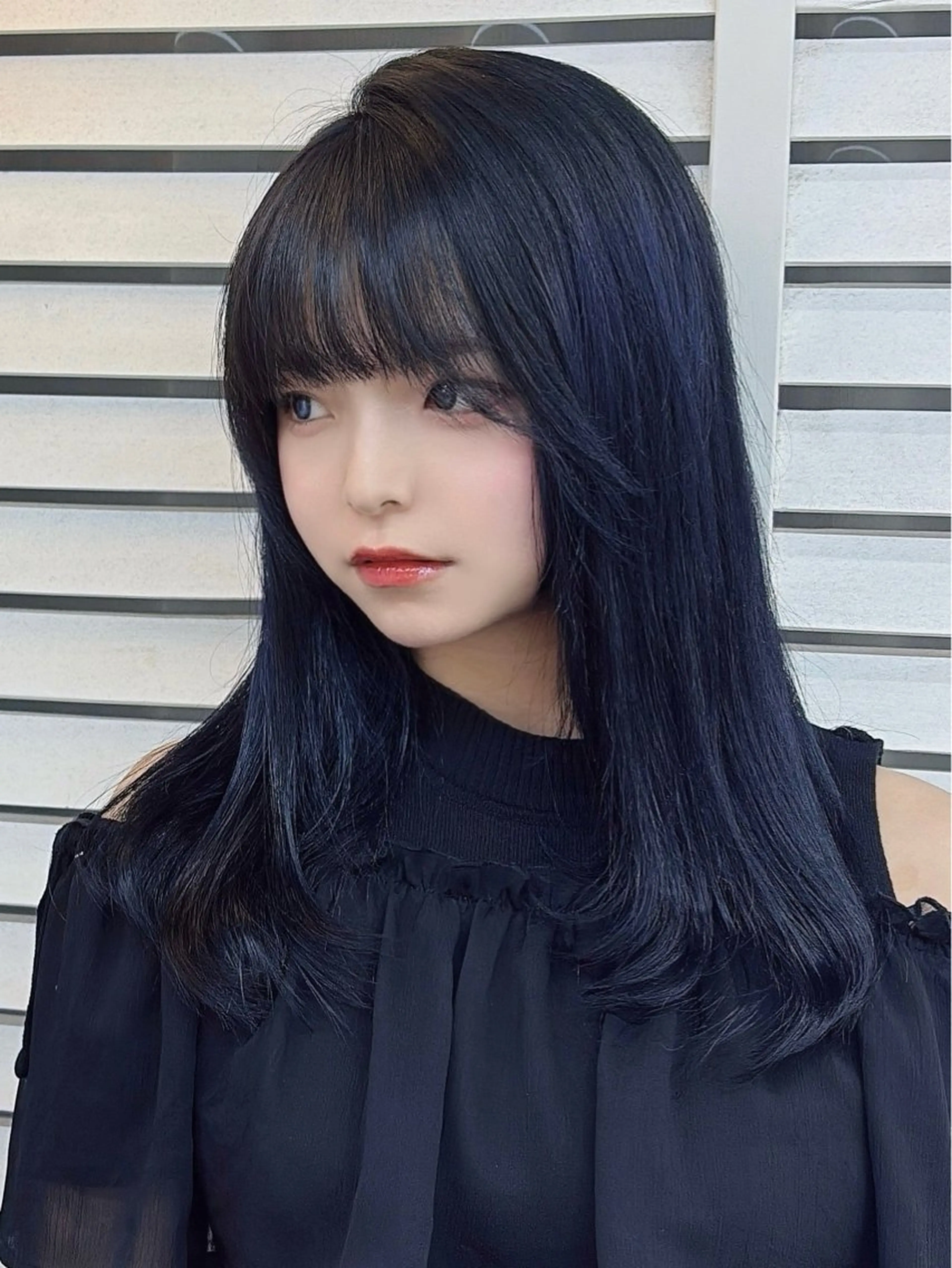 セミロング カラー 黒髪 ブルーカラー ブルーブラック 似合わせカット ヘアカラー 🐈‍⬛momo🐾 ダブルカラーのヘアスタイル