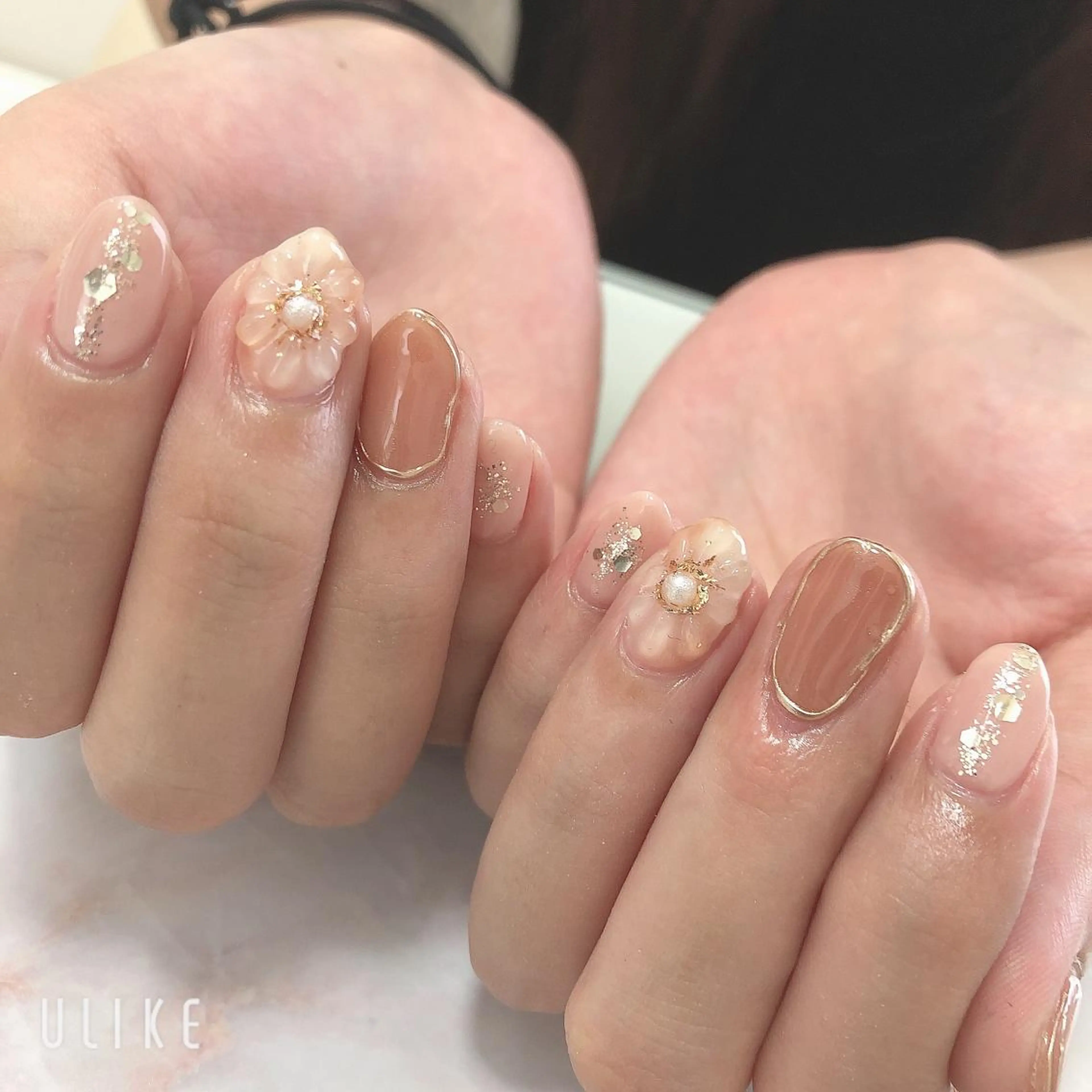 ネイル ブラウン フラワーネイル ジェルネイル 韓国ネイル ミラーネイル Azulsou 廣川愛のネイルデザイン