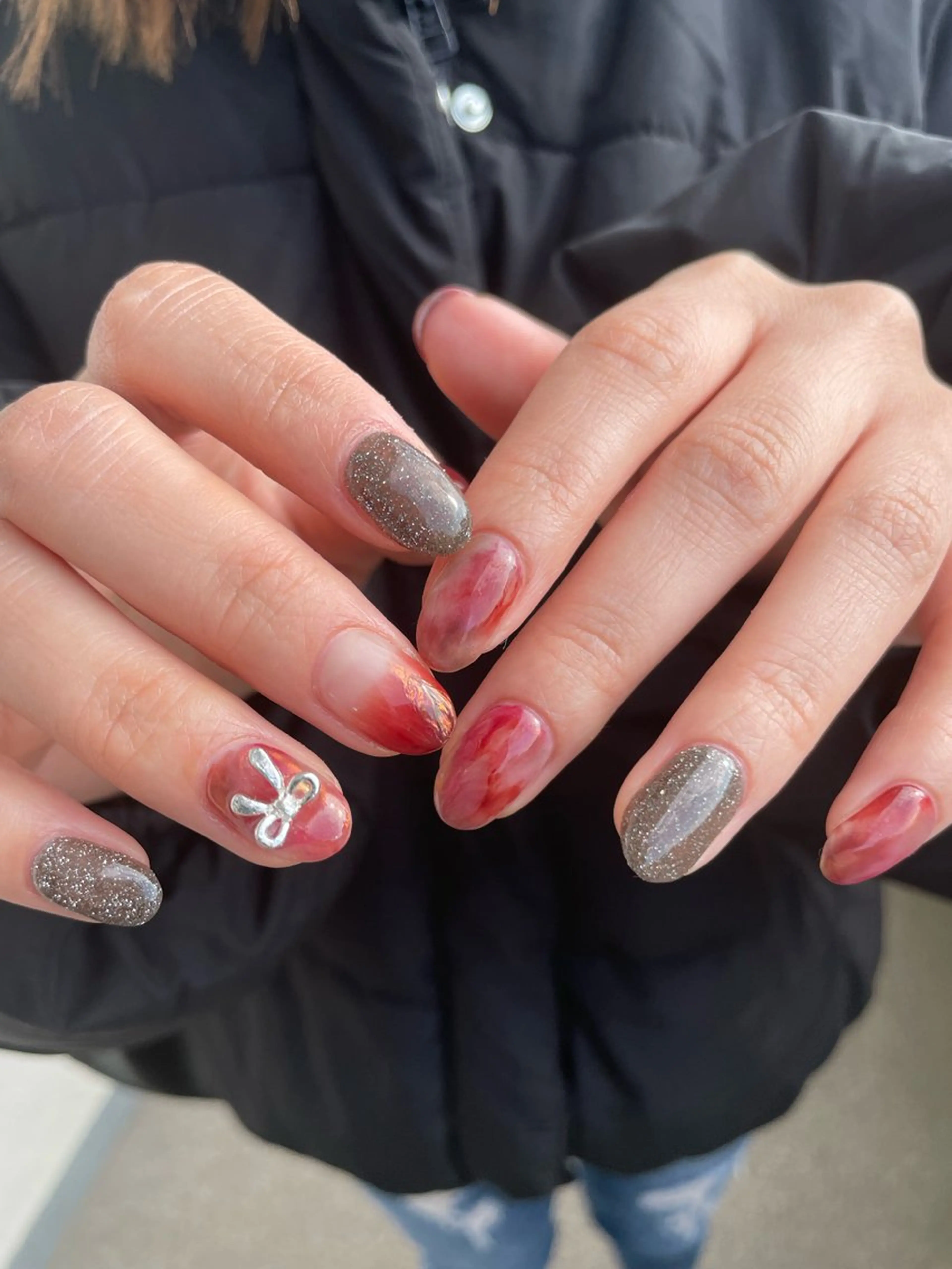 ネイル フラッシュネイル ニュアンスネイル リボン ハンドネイル Ever Blue Nail Salonのネイルデザイン