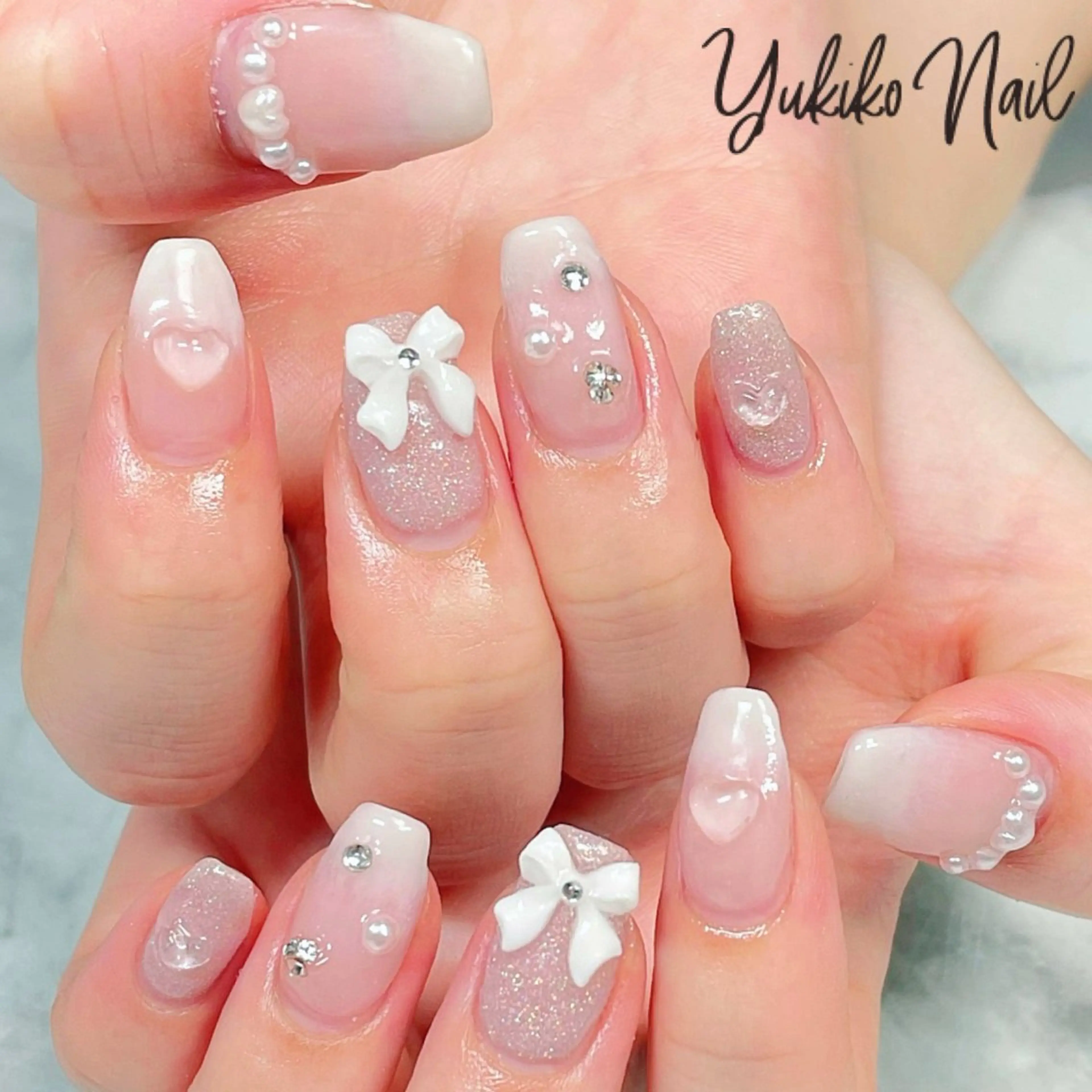 ネイル ガーリー 韓国ネイル リボン ワンホンネイル ユキコ ネイルのネイルデザイン