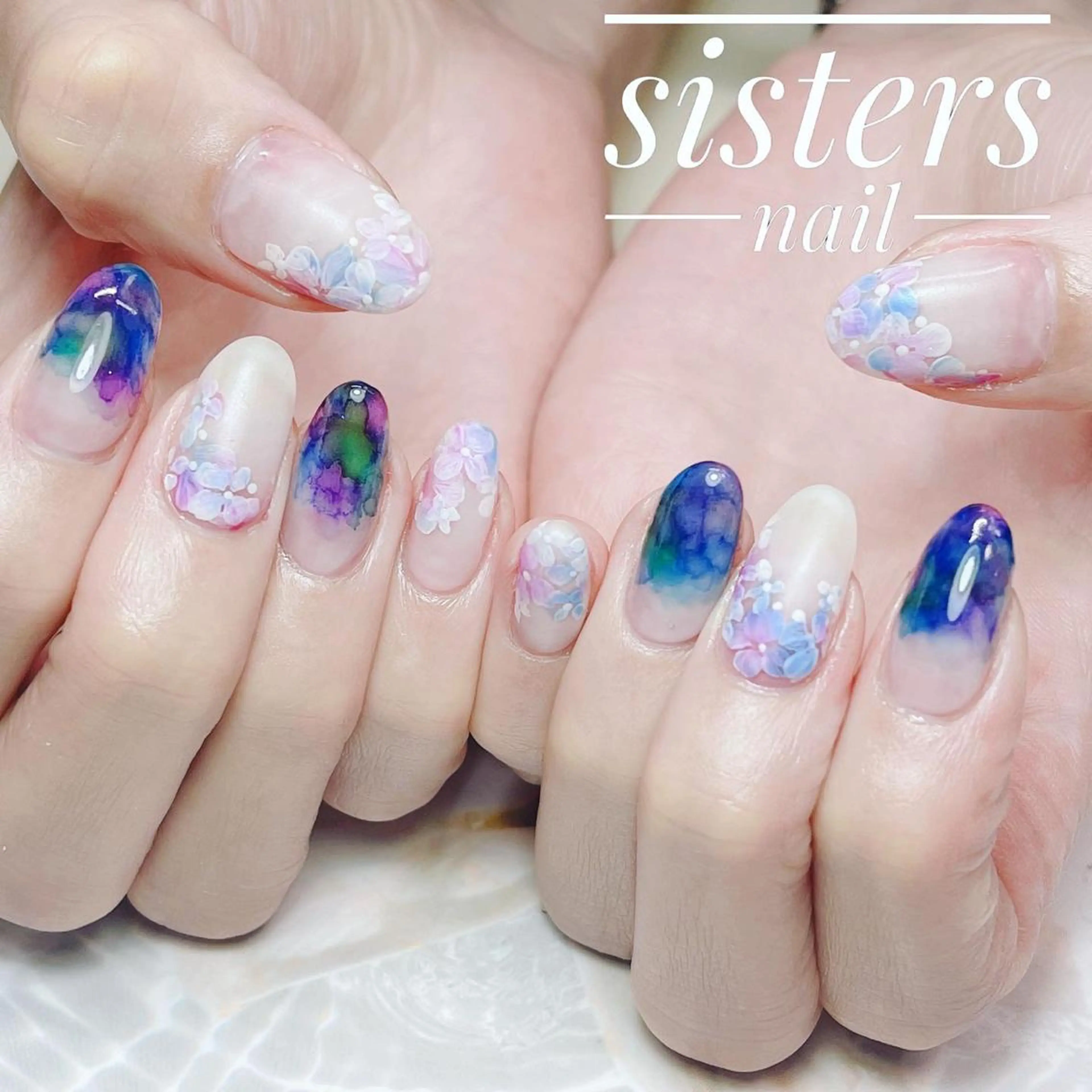 ネイル アートネイル ブルー フラワーネイル マットネイル ハンドネイル ハンドケア sisters nail.fのネイルデザイン