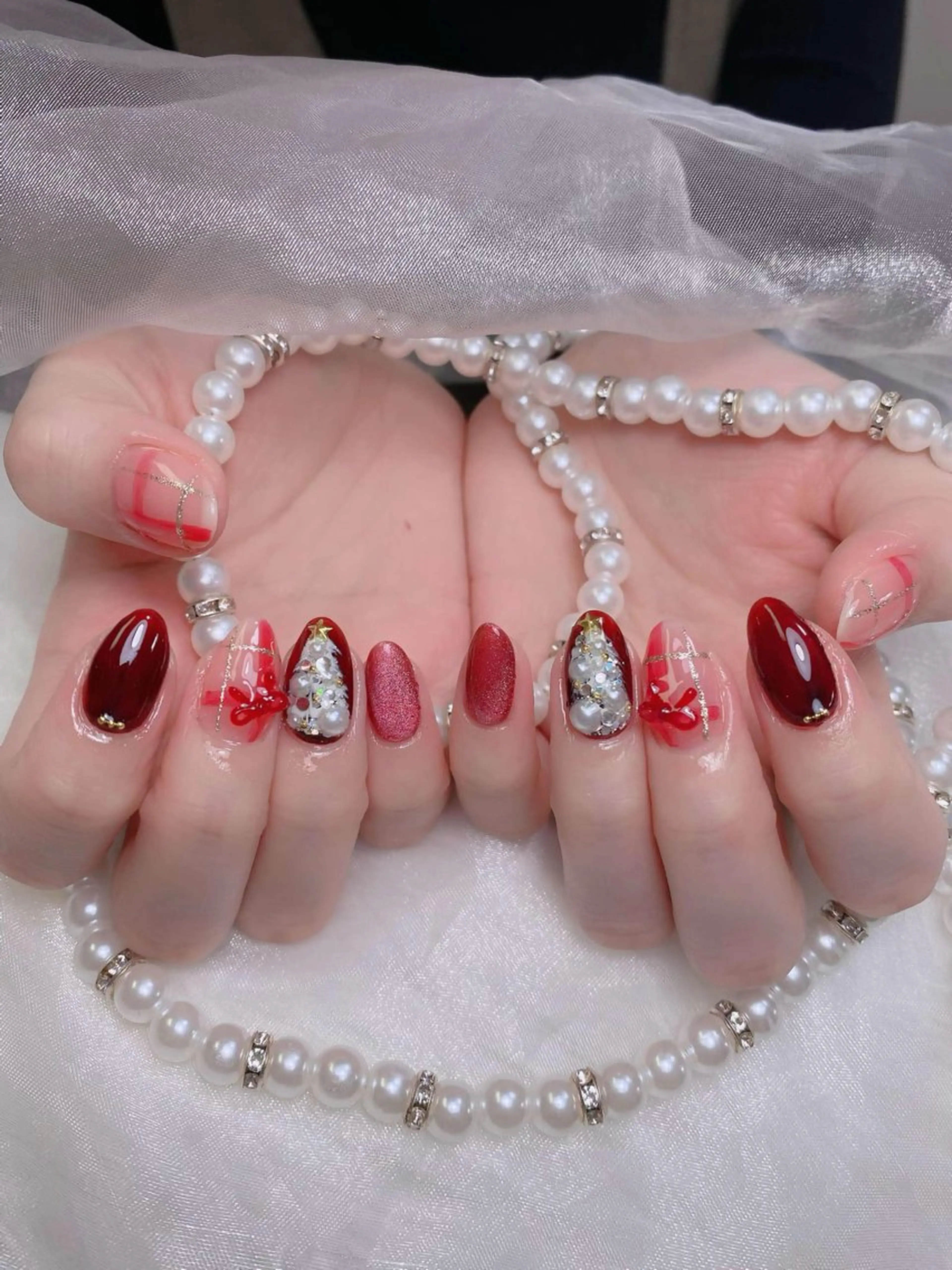 ネイル 成人式 大理石ネイル(マーブル) ネイルチップ 冬ネイル クリスマス ハンドネイル MoMoA Nail ネイル長さ出し専門店のネイルデザイン