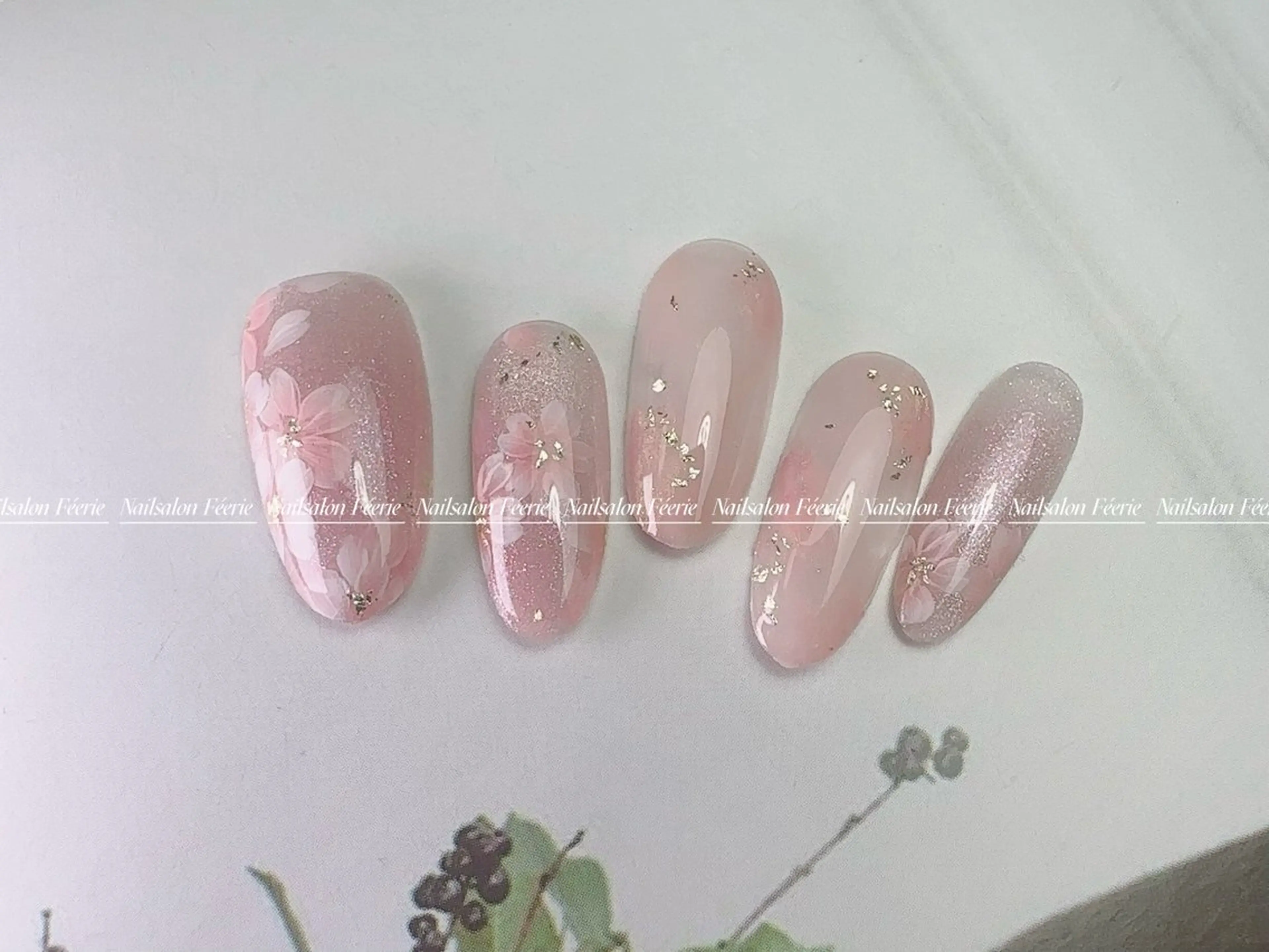 ネイル 桜ネイル 成人式 長さ出し フットネイル フレンチネイル ハンドネイル ハンドケア nail salon Feerieのネイルデザイン
