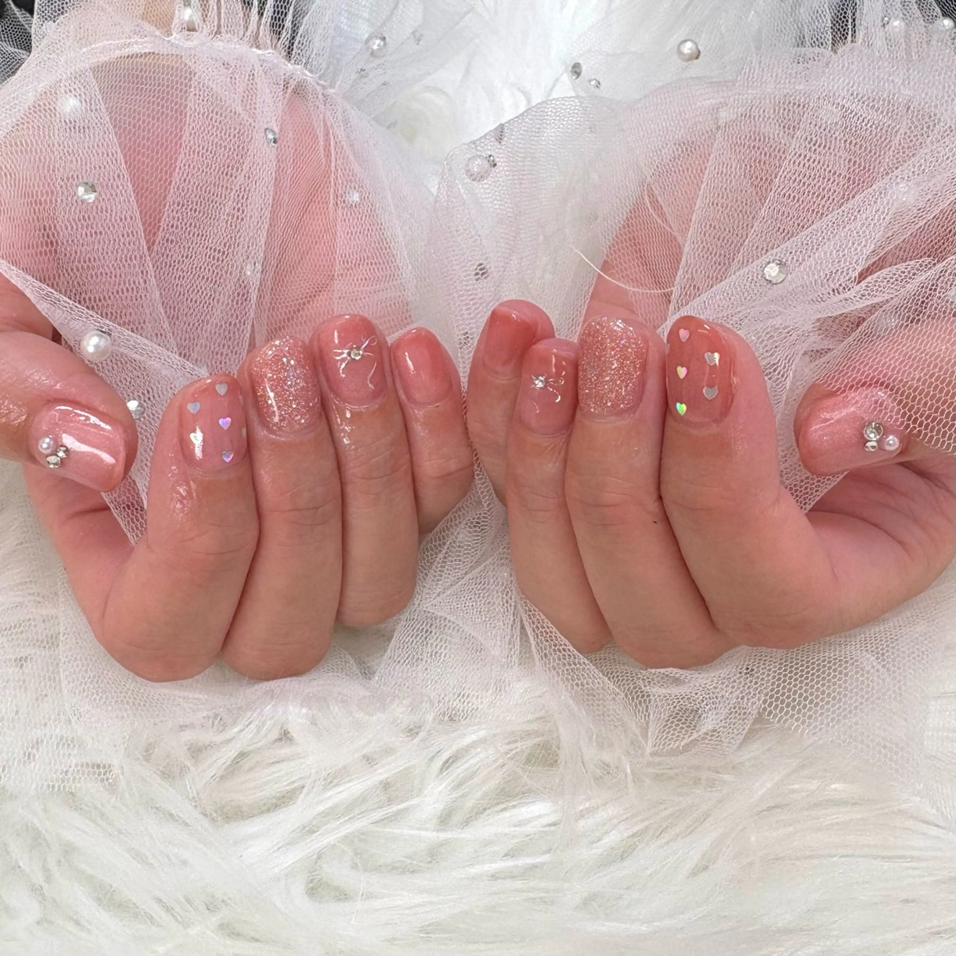 ネイル ハート マグネットネイル ピンク リボン ハンドネイル SHINE nail salonのネイルデザイン