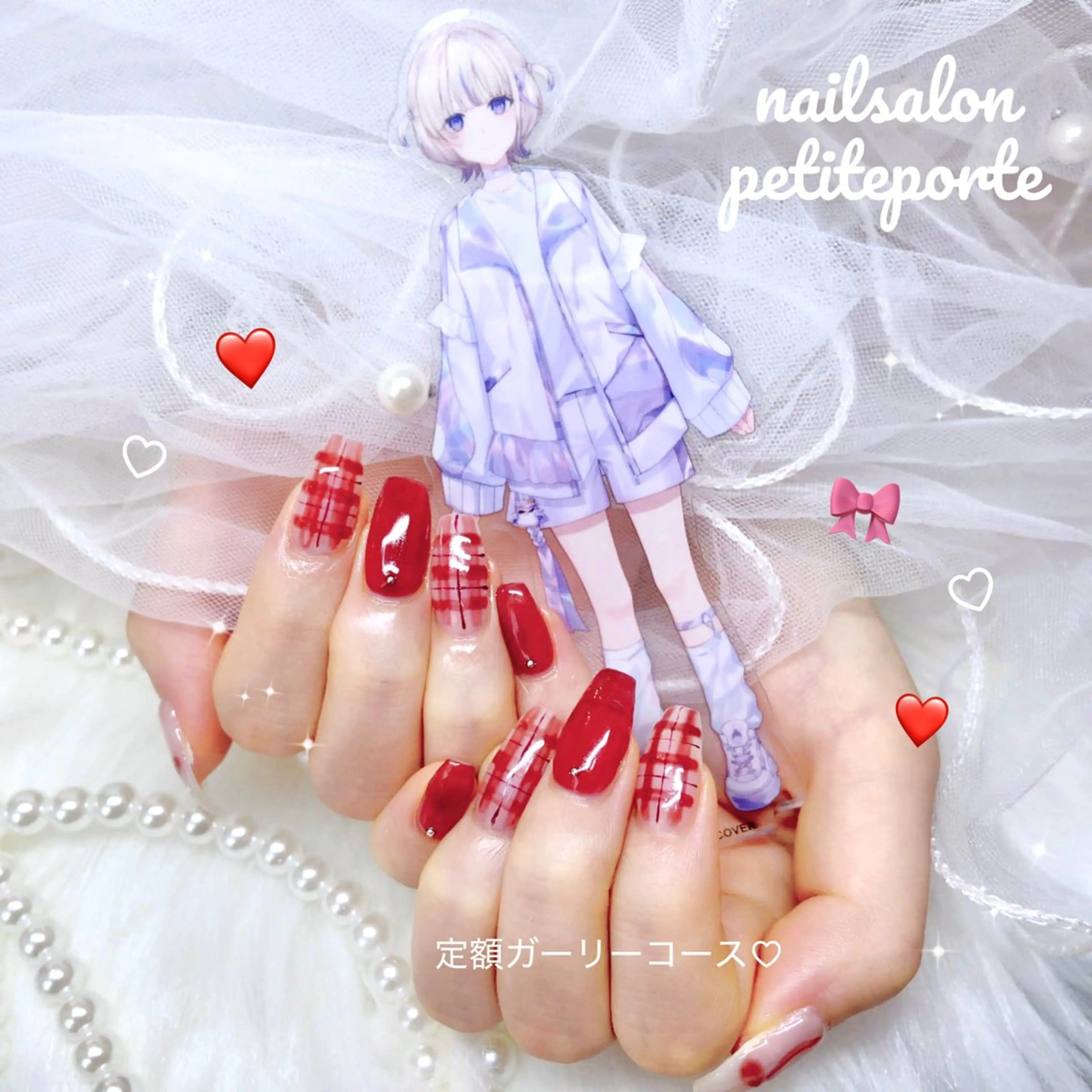 ネイル アートネイル ガーリー 赤色 リボン 冬ネイル ハンドネイル nailsalon petite porte所属・petite porteのネイルデザイン