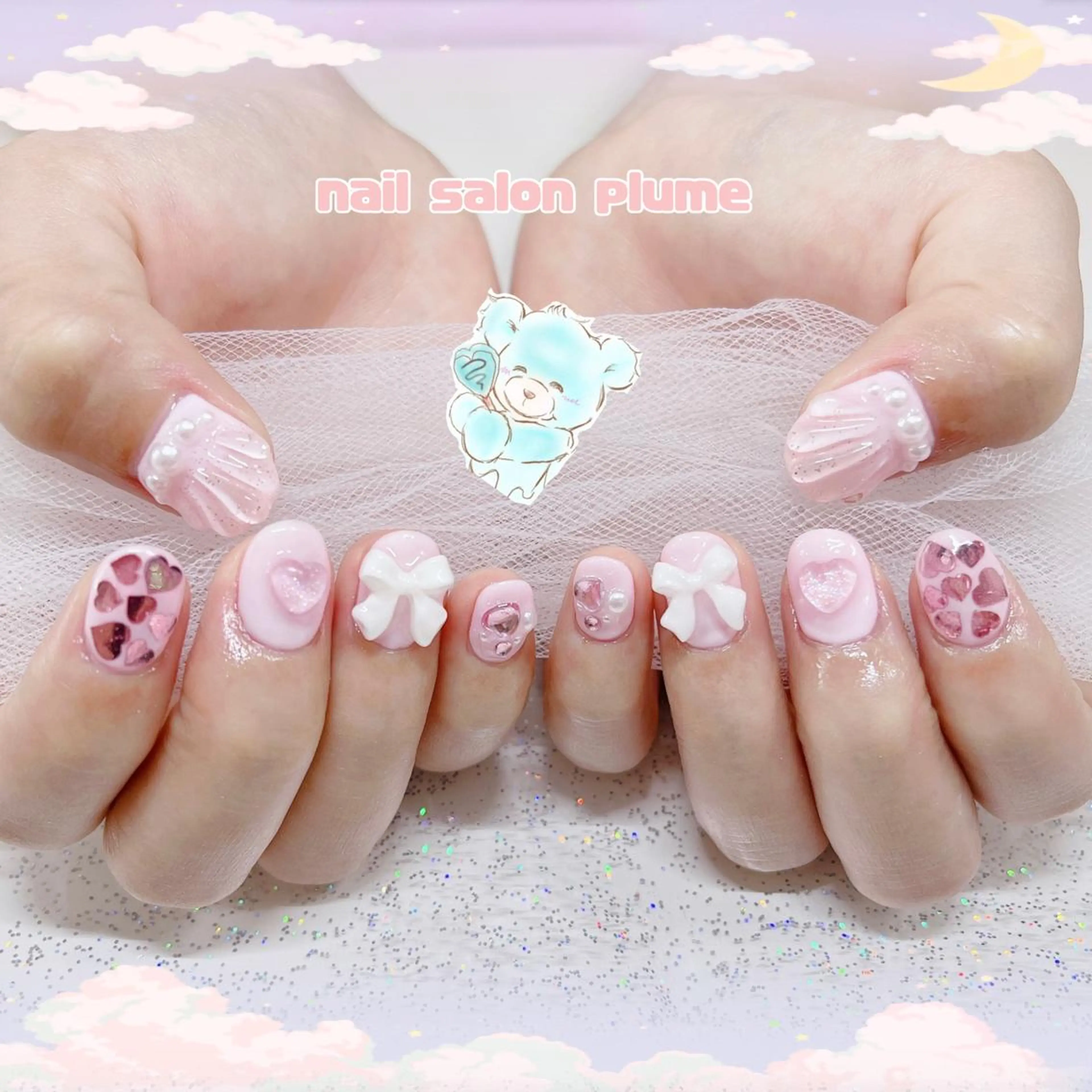 ネイル ガーリー ハート 韓国ネイル ピンク 夏ネイル ハンドネイル plume nail ☆韓国ネイルのネイルデザイン