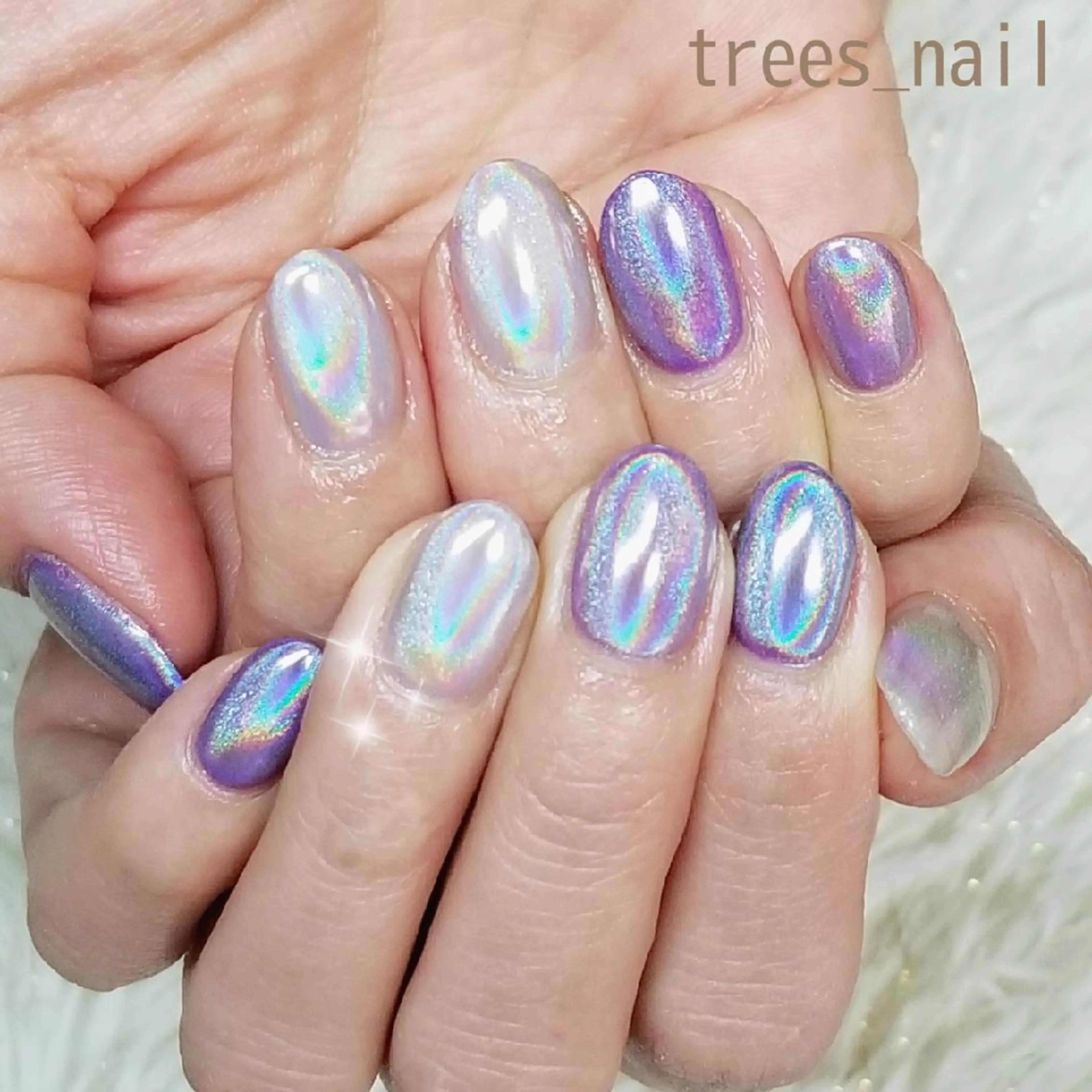 ネイル ジェルネイル ミラーネイル パラジェル パープル ハンドネイル フットネイル trees_ nailのネイルデザイン