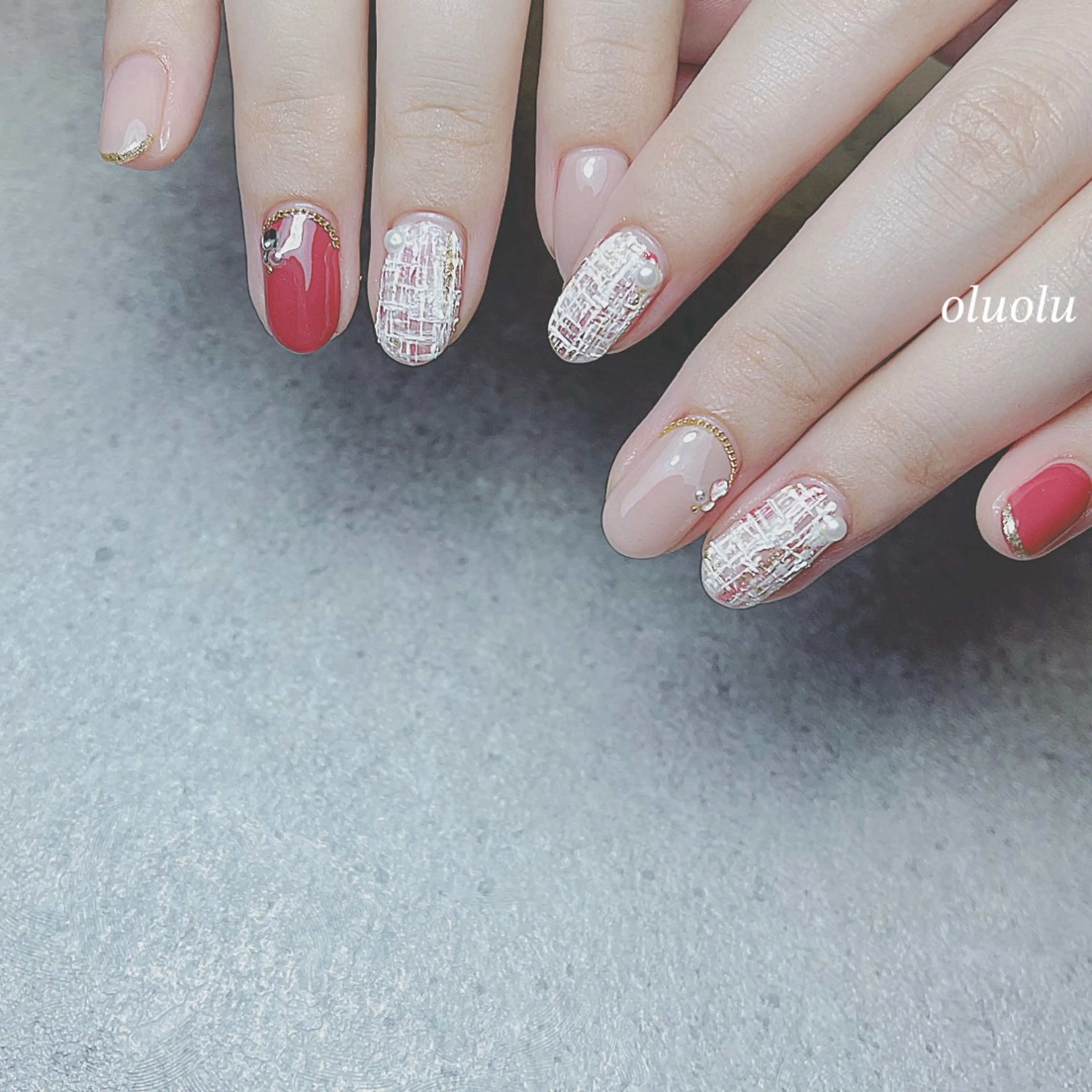 ネイル アートネイル フットネイル ニュアンスネイル ピンク ツイードネイル ハンドネイル 大村 紬華のネイルデザイン