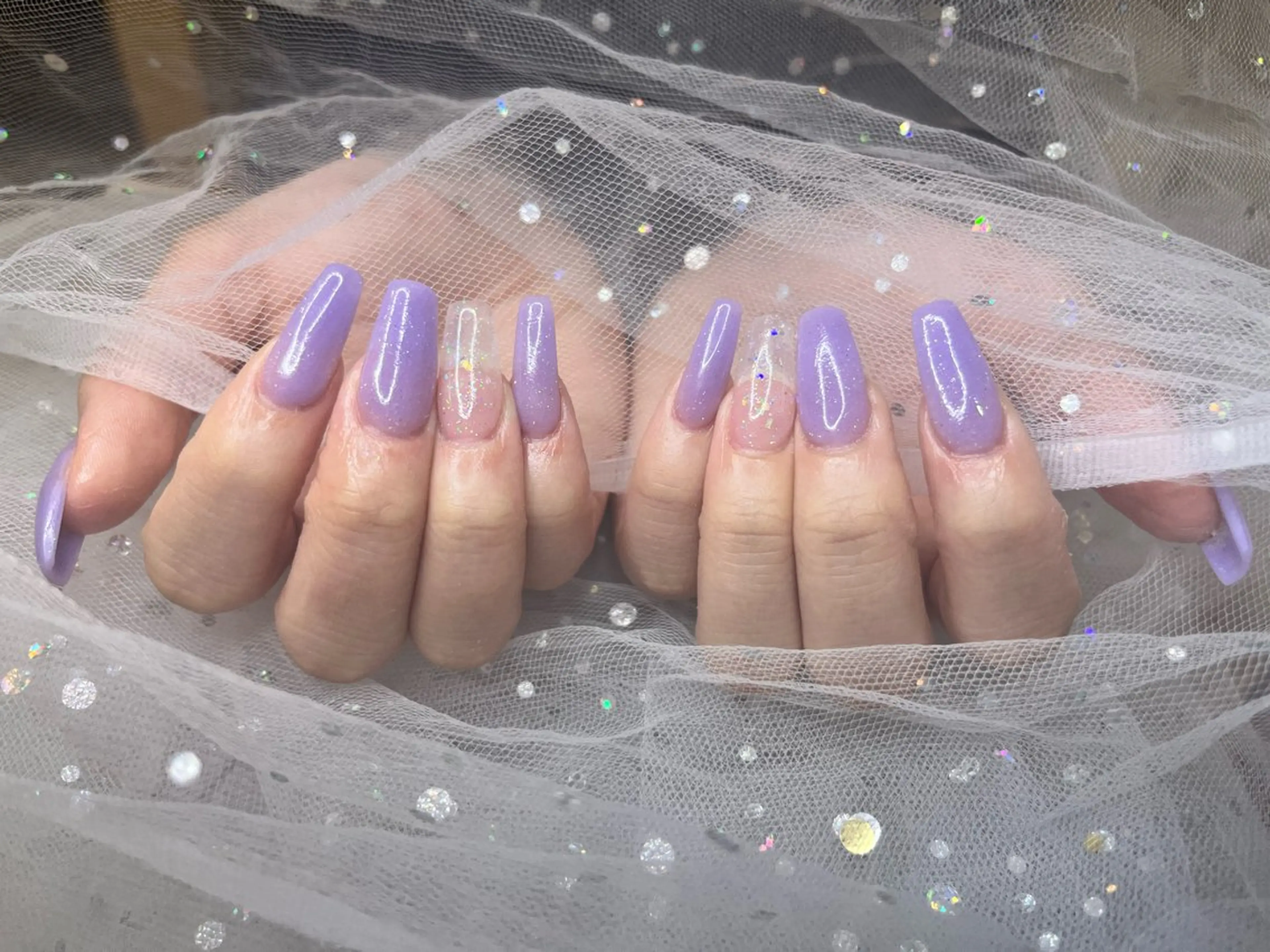 ネイル クリアネイル ラメ(グリッター) ワンカラーネイル パステルネイル パープル ハンドネイル arce amiのネイルデザイン