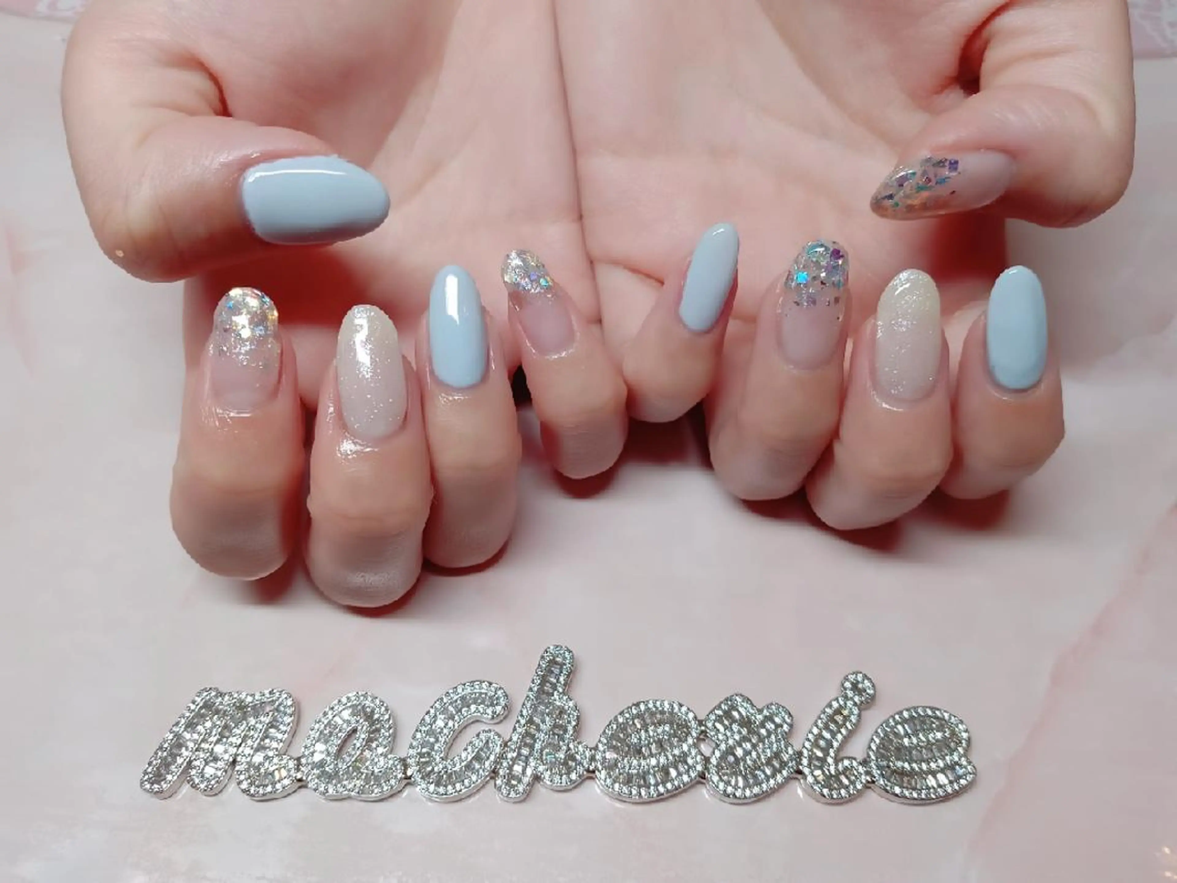 ネイル ブルー キラキラネイル パステルネイル ハンドネイル Nail Salon macherieのネイルデザイン