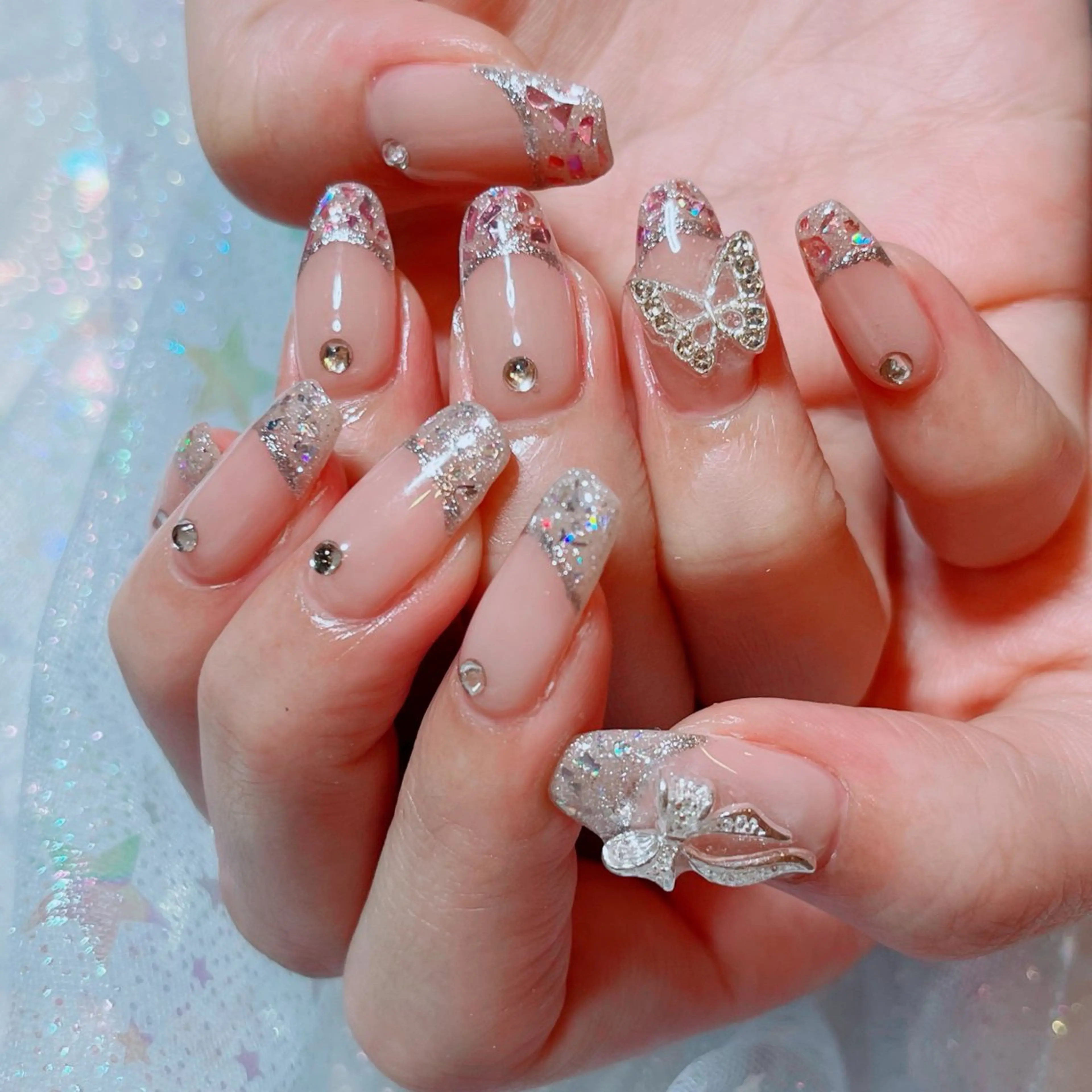 ネイル フレンチネイル ガラスフレンチ ピンク シルバー ruirui.naildesign所属・RUI ☆のネイルデザイン