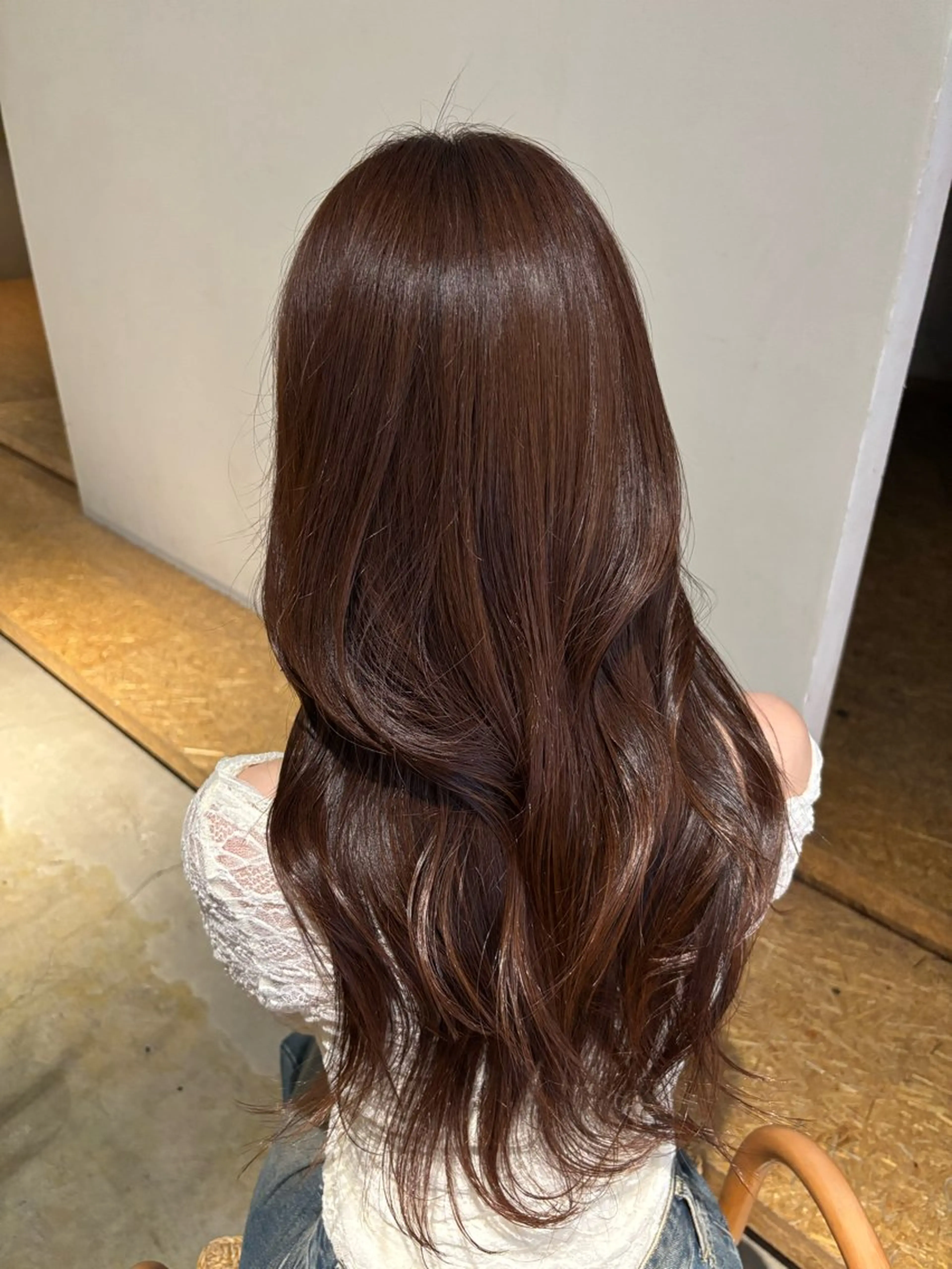 ロング カラー ブラウンカラー オレンジ オレンジブラウン カット ヘアカラー トリートメント えんぐちとも／透明感 カラー／博多ボブのヘアスタイル