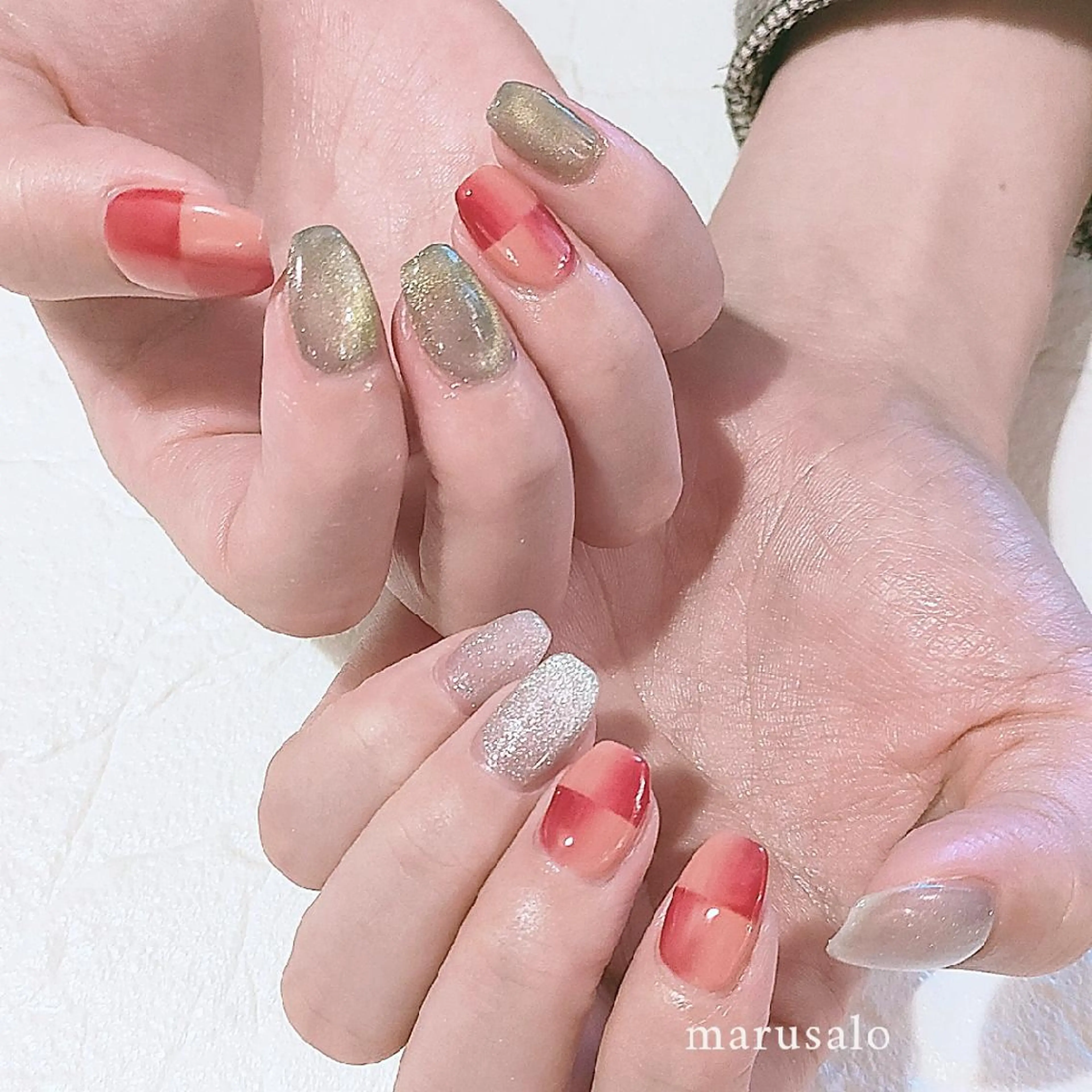 ネイル フレンチネイル マグネットネイル ニュアンスネイル オンブレフレンチ 春ネイル ハンドネイル marusalo nailのネイルデザイン