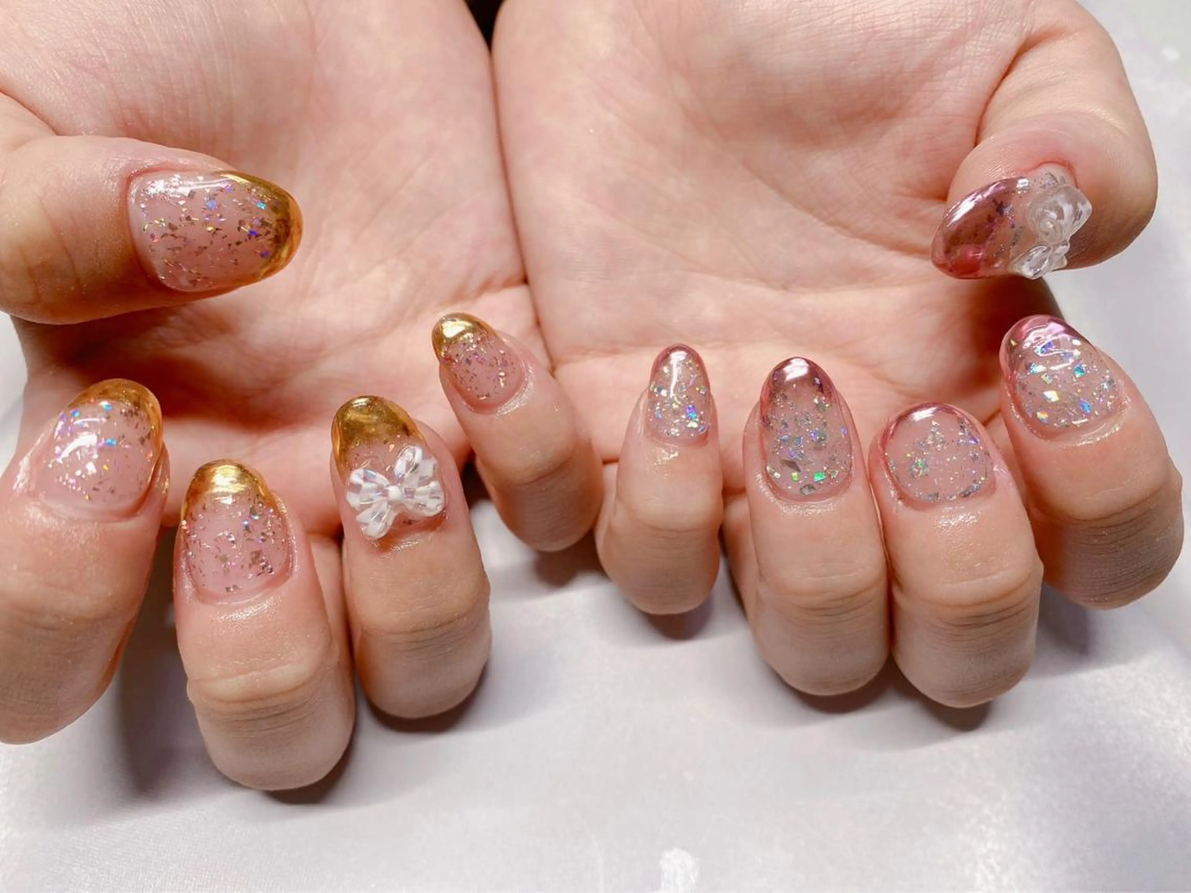 ネイル フレンチネイル ミラーネイル リボン ハンドネイル NailSalon   Reve（ネイルサロン レーヴ）所属・NailSalon Reveのネイルデザイン