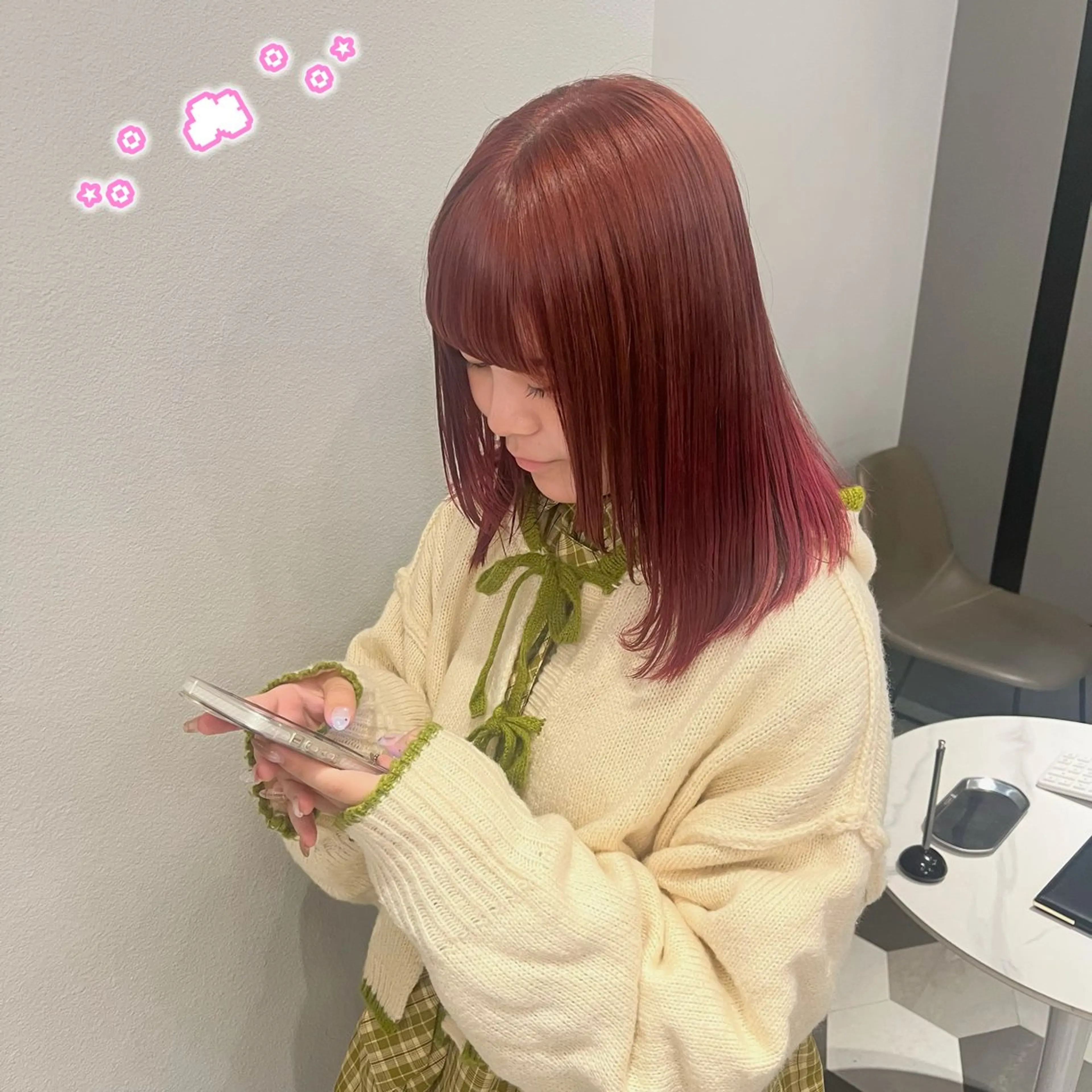 ミディアム カラー ヘアカラー ヘアセット/ピンク /レッド/あつはのヘアスタイル