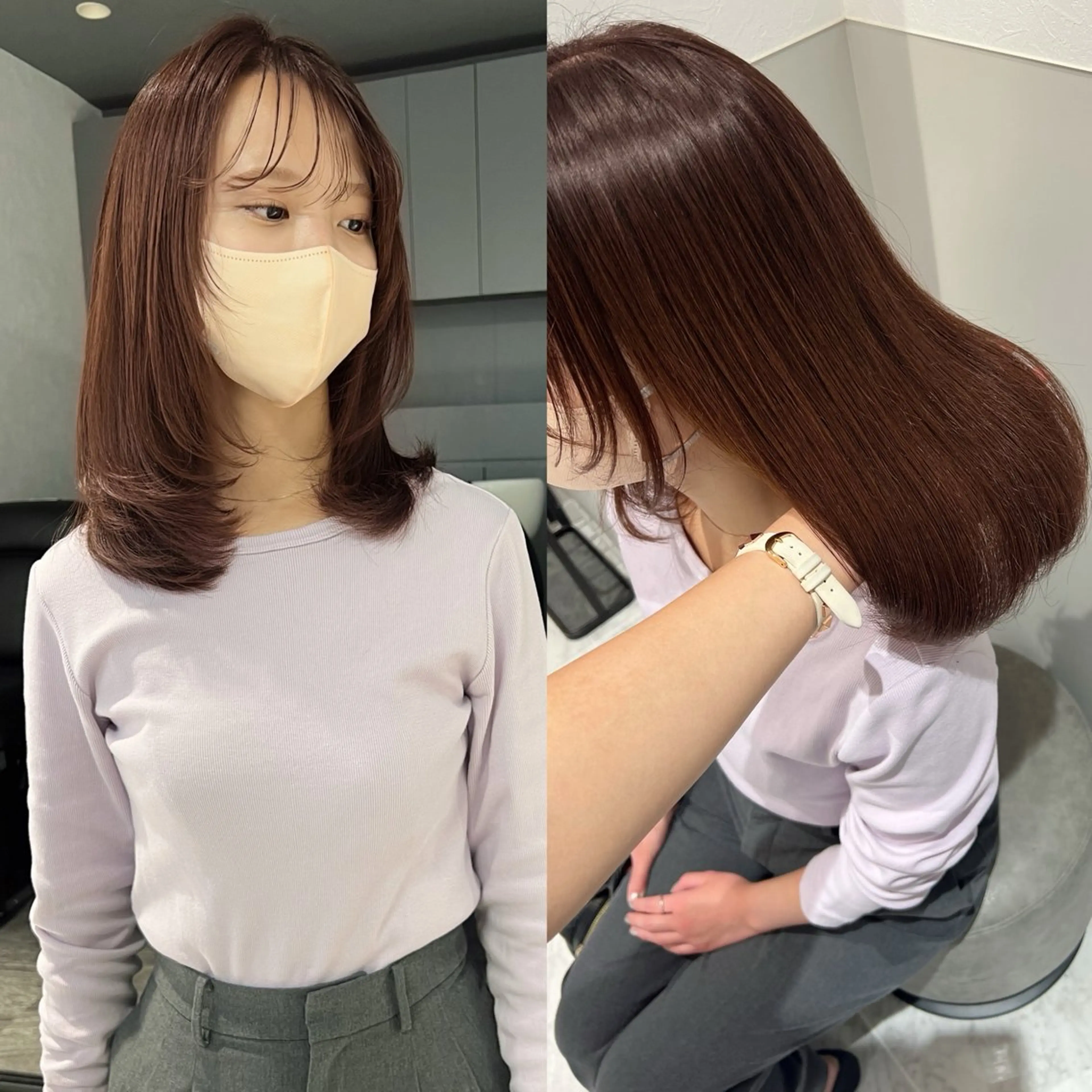 ミディアム ピンクブラウン 顔まわりレイヤー レイヤーカット 韓国モテhair🍑 momoのヘアスタイル