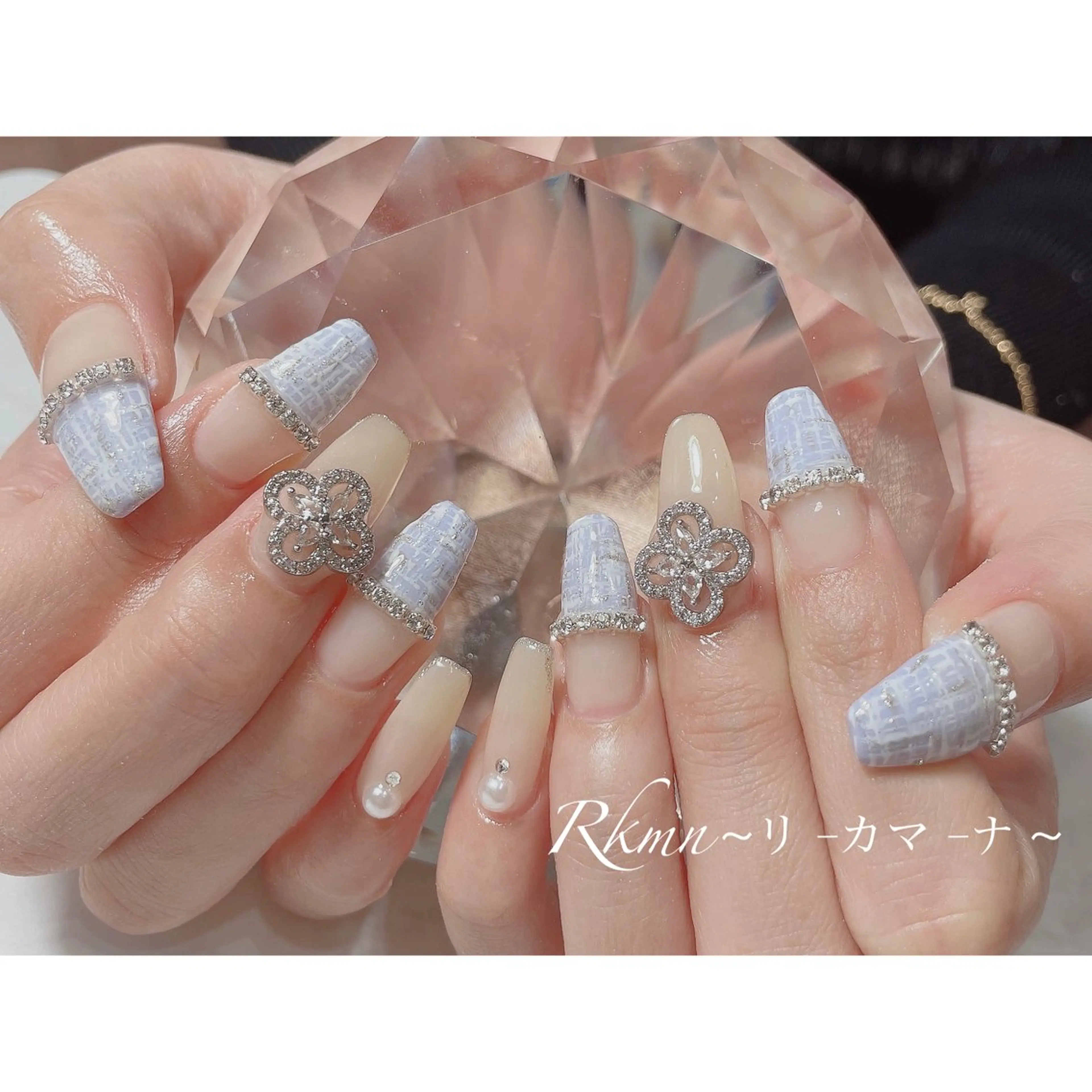 ネイル アートネイル フレンチネイル 水色 春ネイル ツイードネイル ハンドネイル フットネイル ハンドケア Rkmn ~リ-カマ-ナ~のネイルデザイン