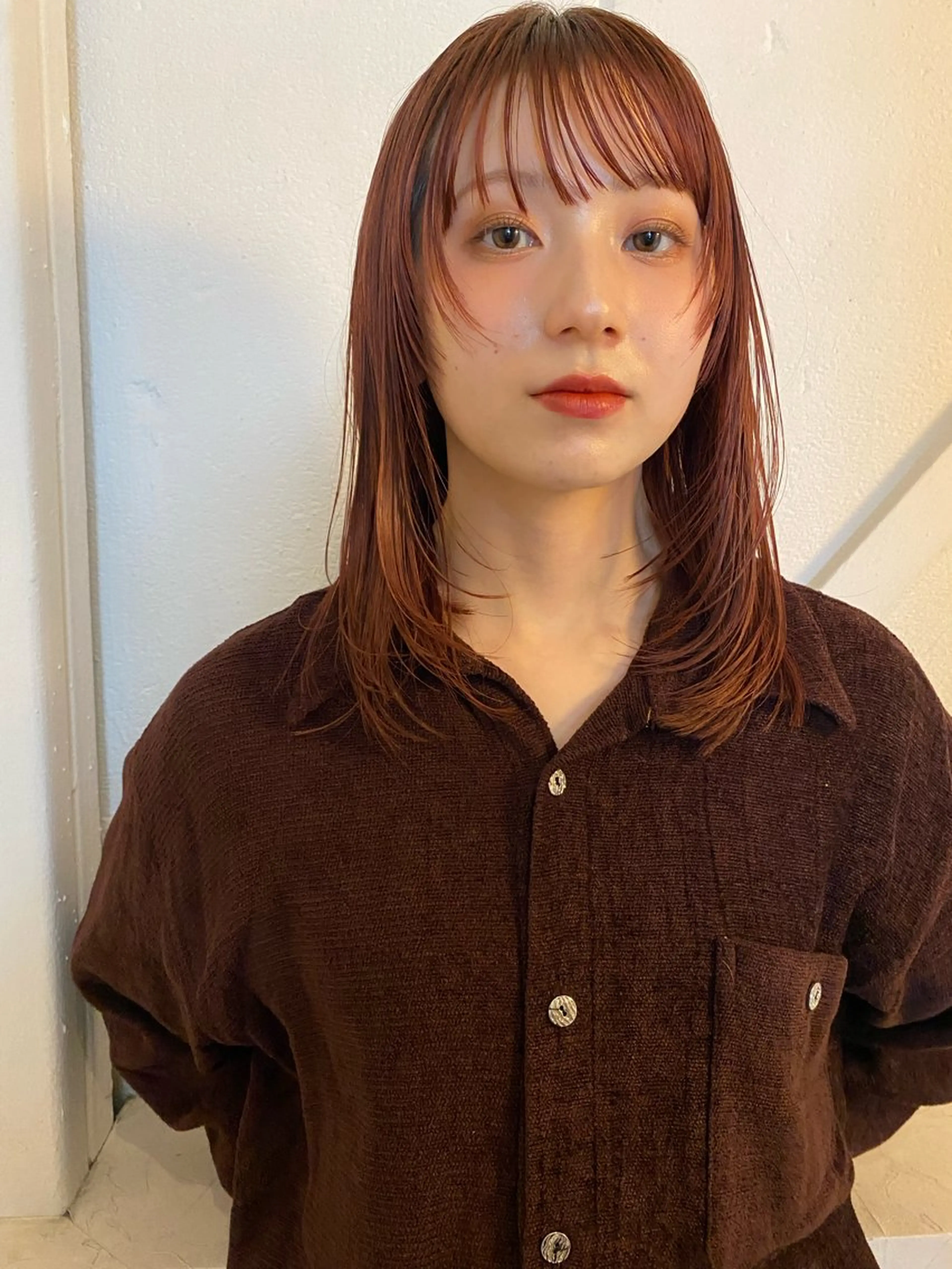 ミディアム カラー オレンジ カット ヘアカラー トリートメント 森貴裕/ベージュ/ パーマ/オリーブのヘアスタイル