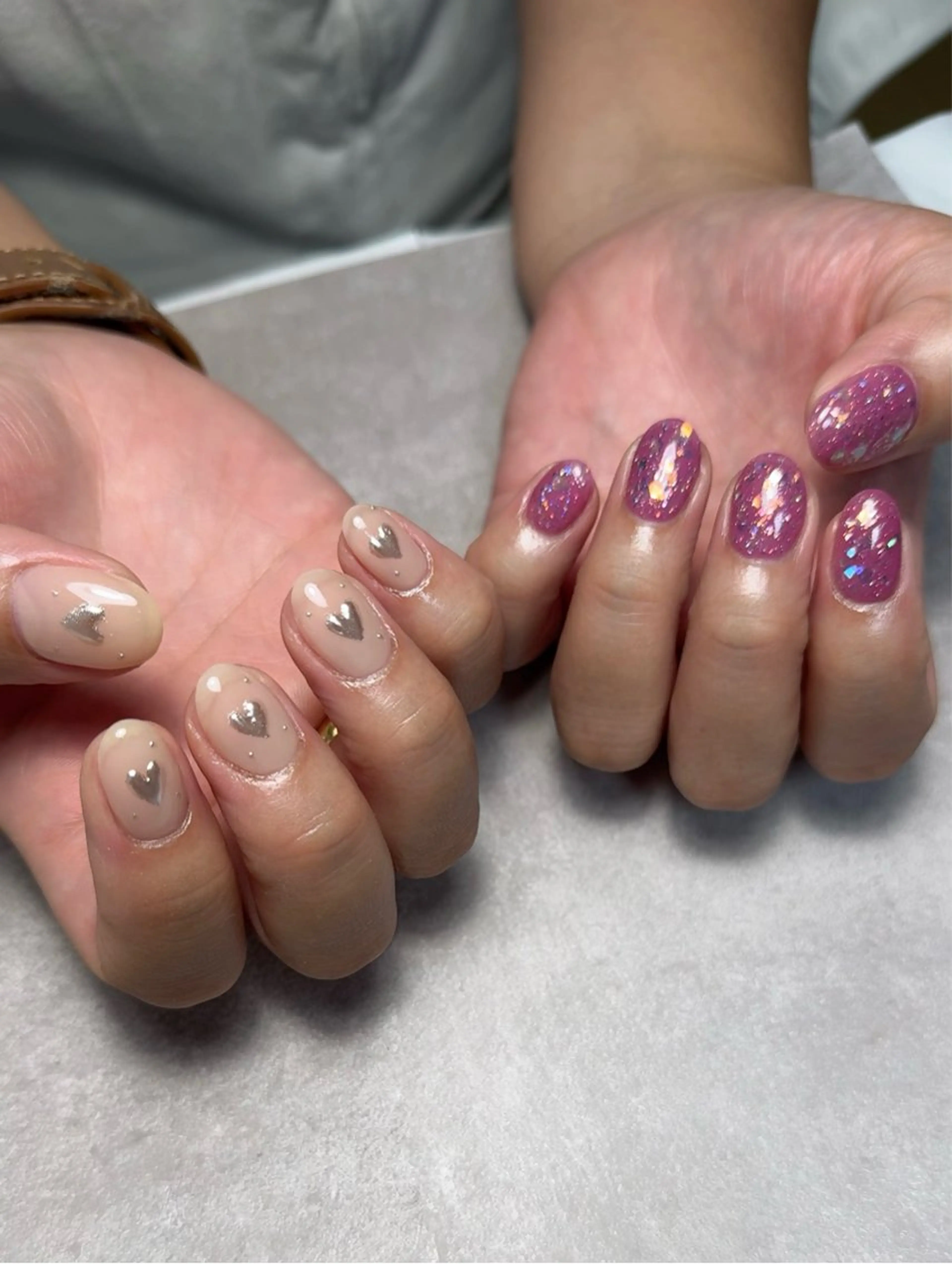 ネイル オーロラネイル ハート ピンク パープル シルバー ハンドネイル Monica nails/福島のネイルデザイン