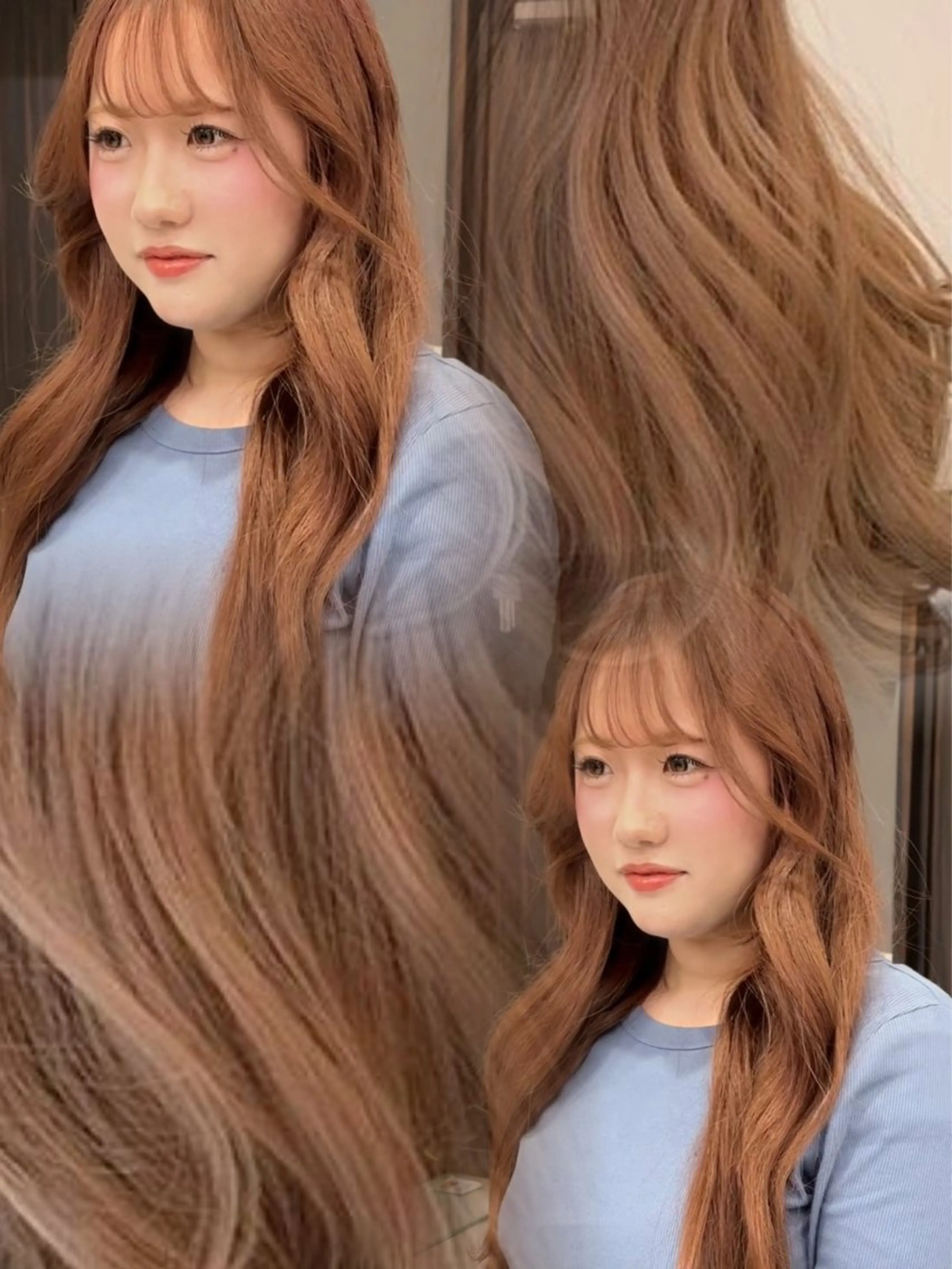 ロング ヘアカラー トリートメント ヘアセット 韓国ヘア/ブリーチ無 しWカラー/オリーブのヘアスタイル