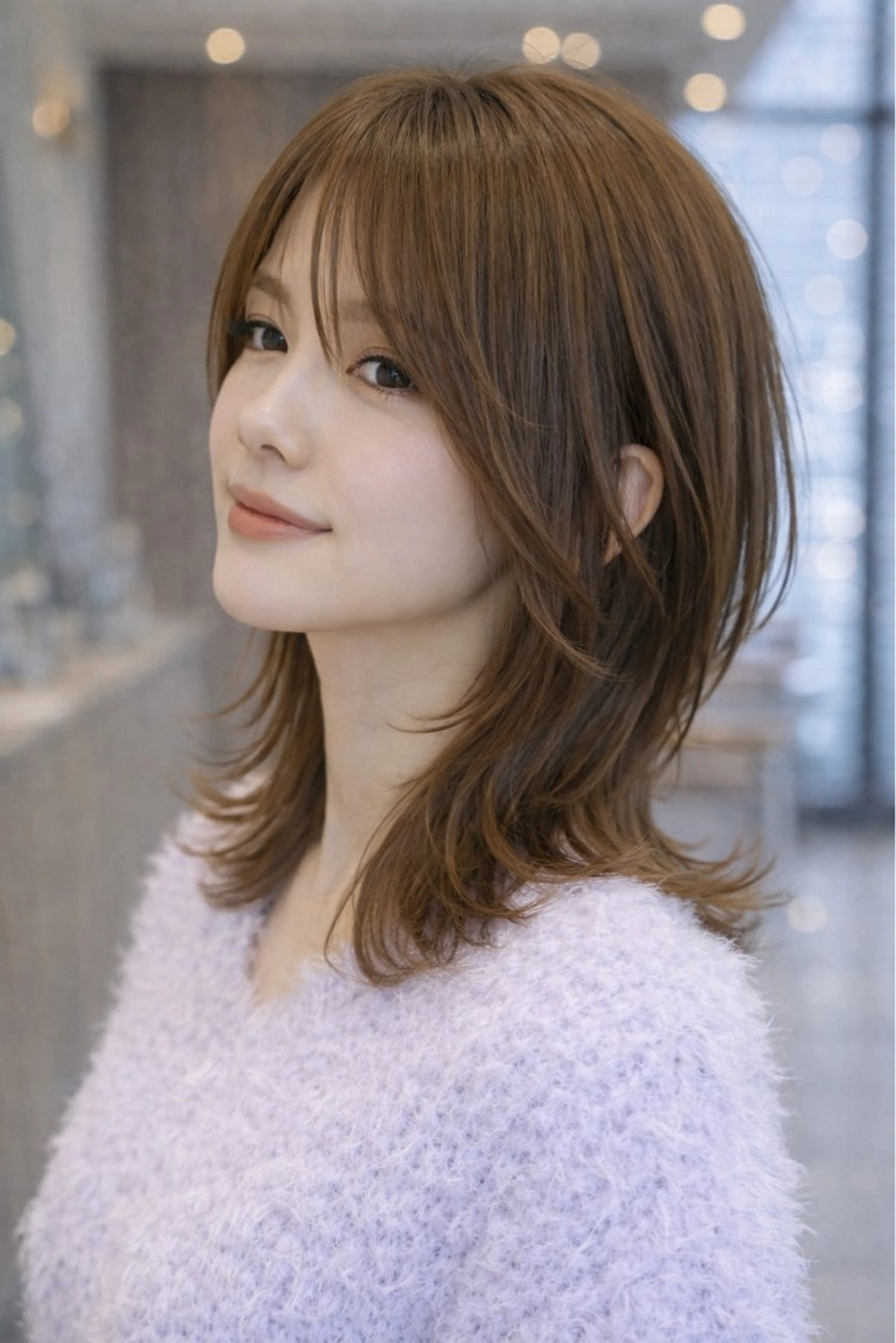 ミディアム レイヤーカット 外ハネヘア カット ヘアカラー トリートメント 齋藤 智佳のヘアスタイル