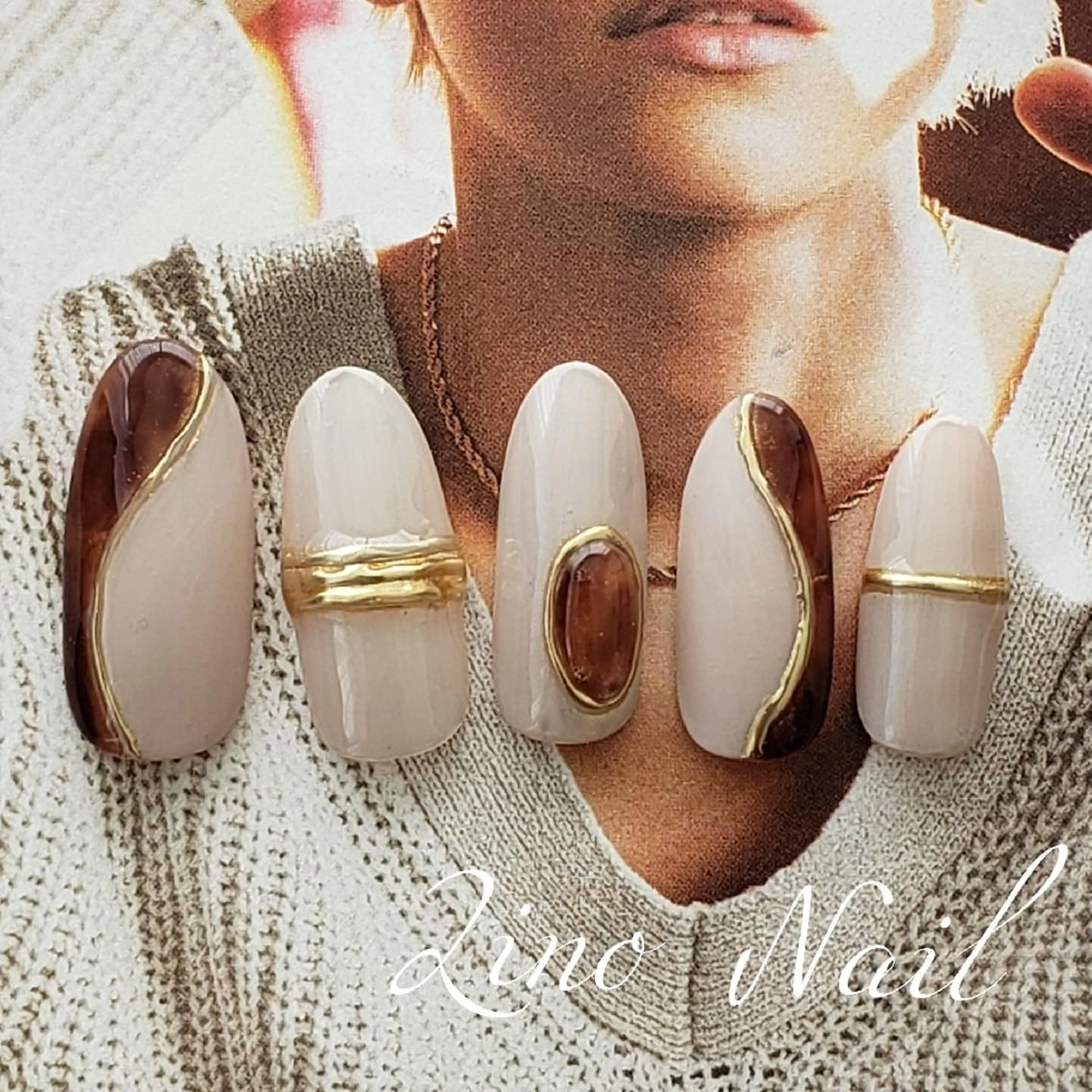 ネイル べっ甲ネイル ブラウン カジュアル ジェルネイル マットネイル ハンドネイル Lino Nailのネイルデザイン