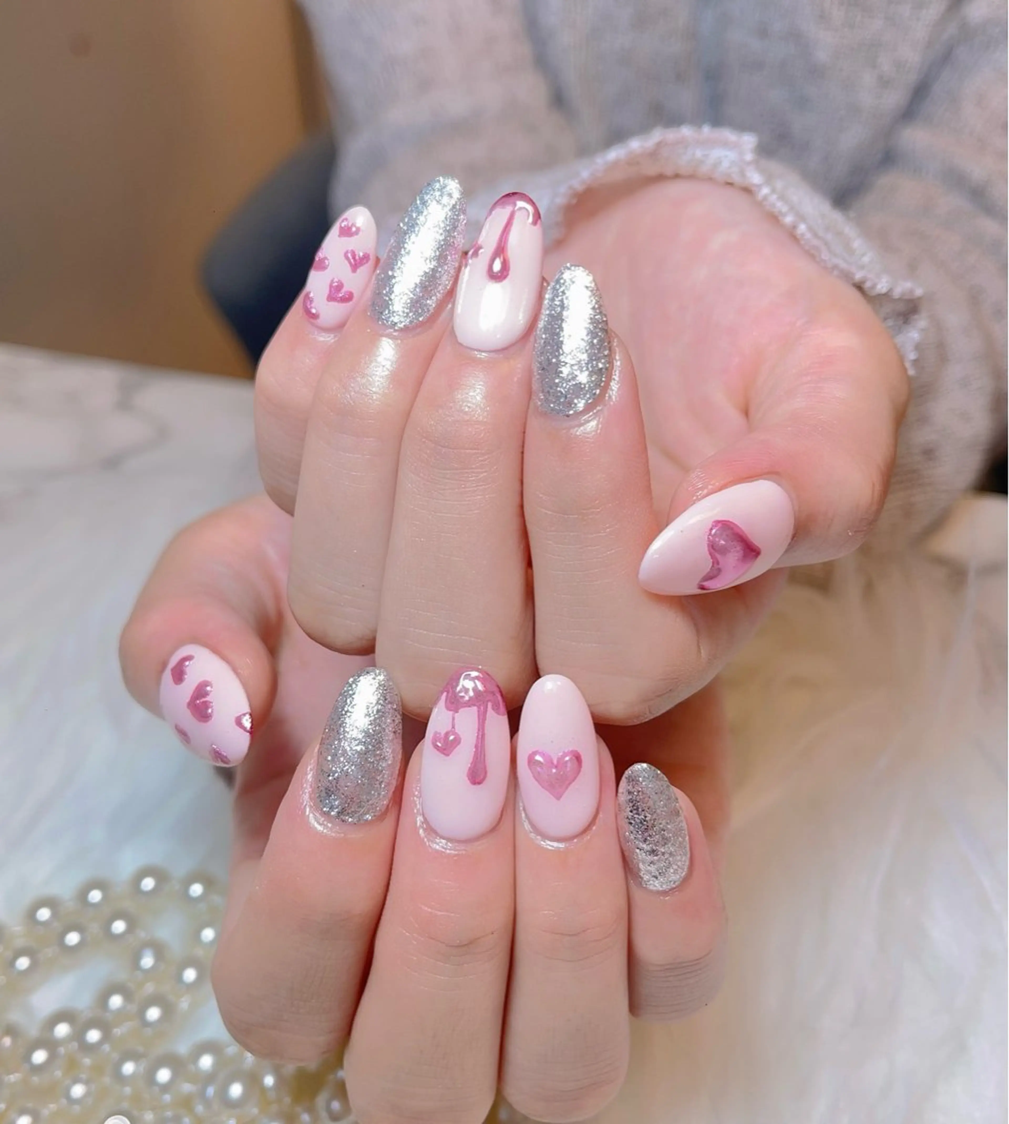 ネイル アートネイル ハート 氷ネイル・うるうるネイル ラメ(グリッター) シルバー しまむら さくらのネイルデザイン