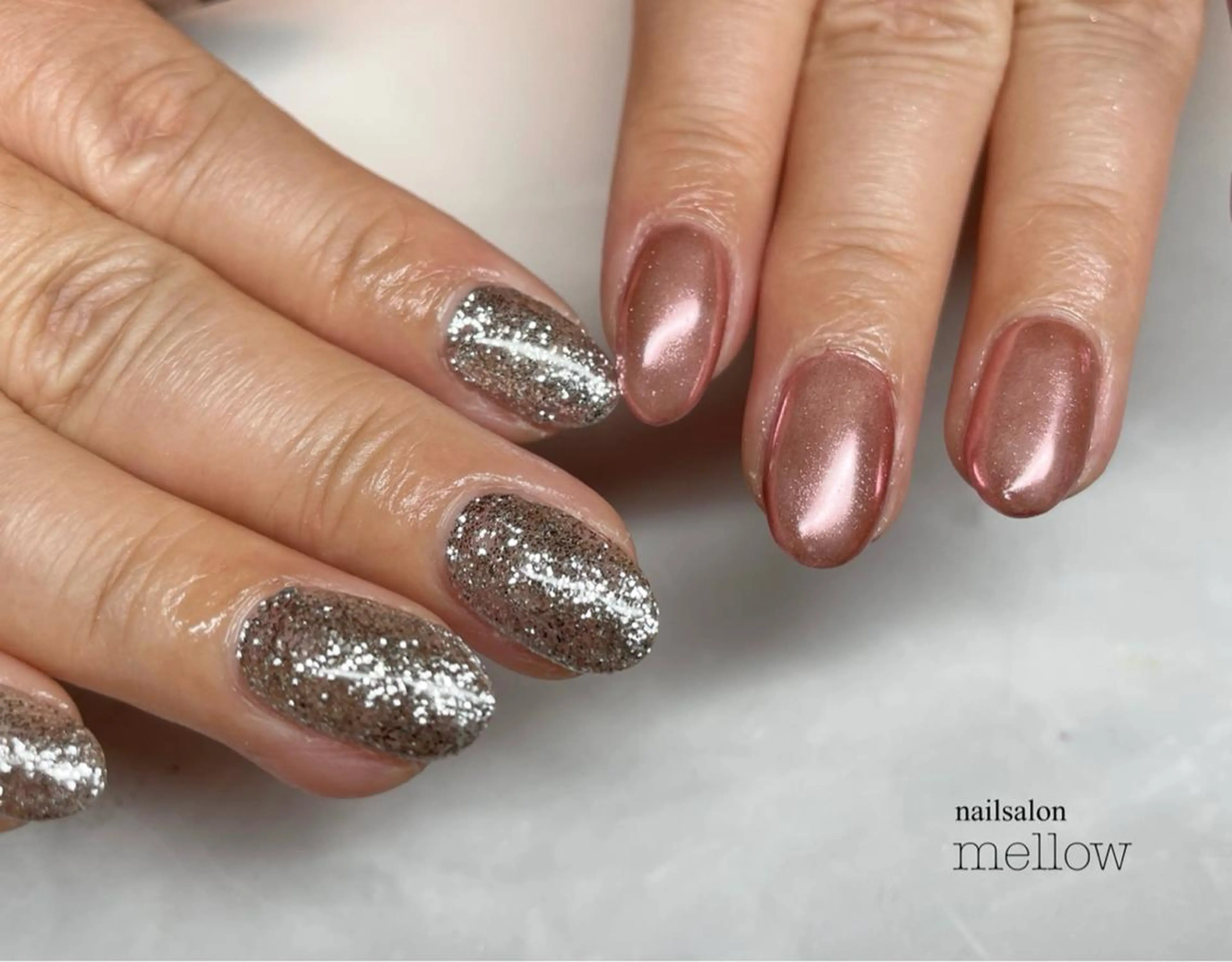 ネイル ラメ(グリッター) ミラーネイル ピンク シルバー 大山 浩美のネイルデザイン