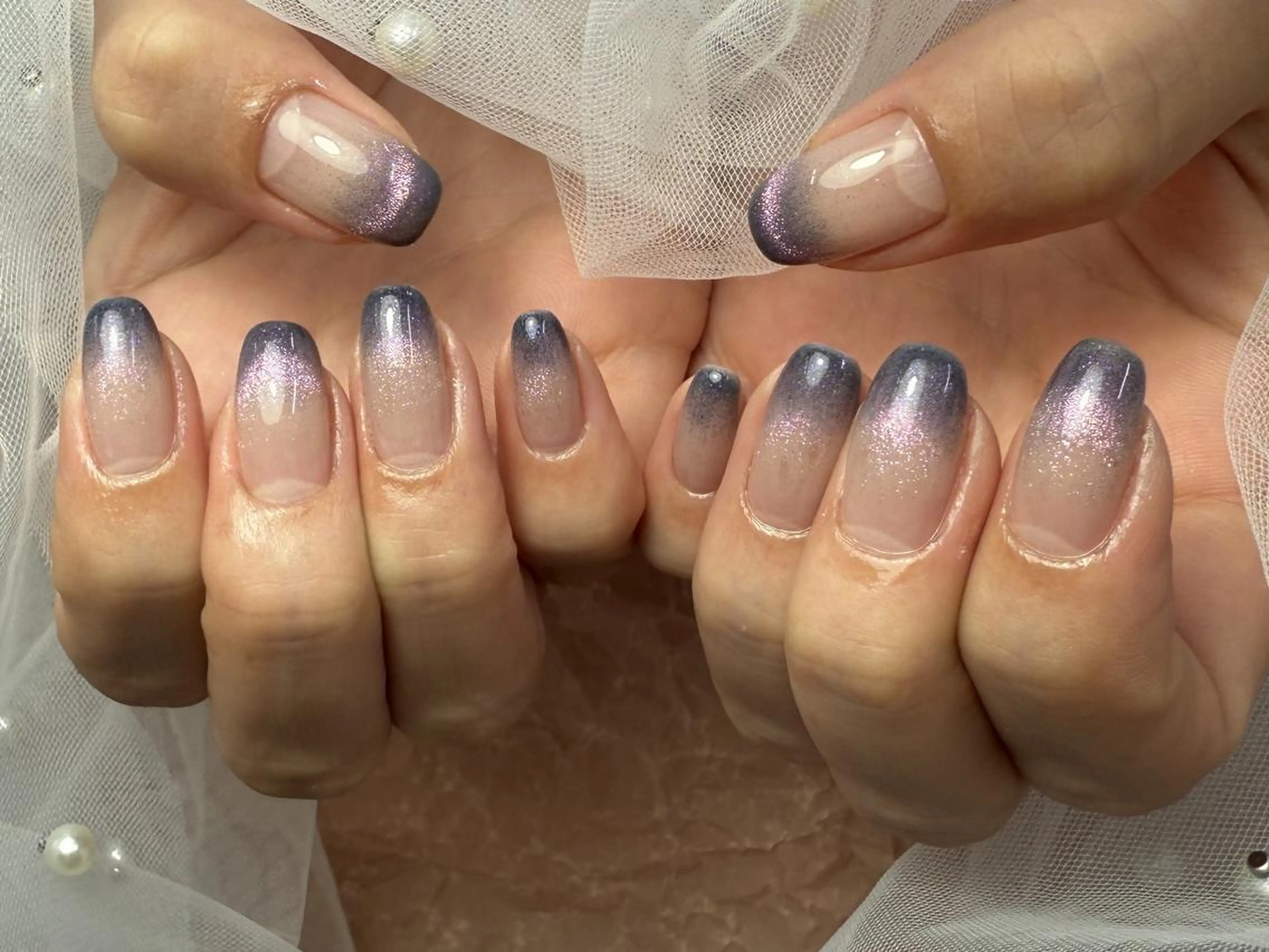 ネイル ブルー グラデーション ラメ(グリッター) パープル ハンドネイル ハンドケア ToliyDeliy Nail Salonのネイルデザイン