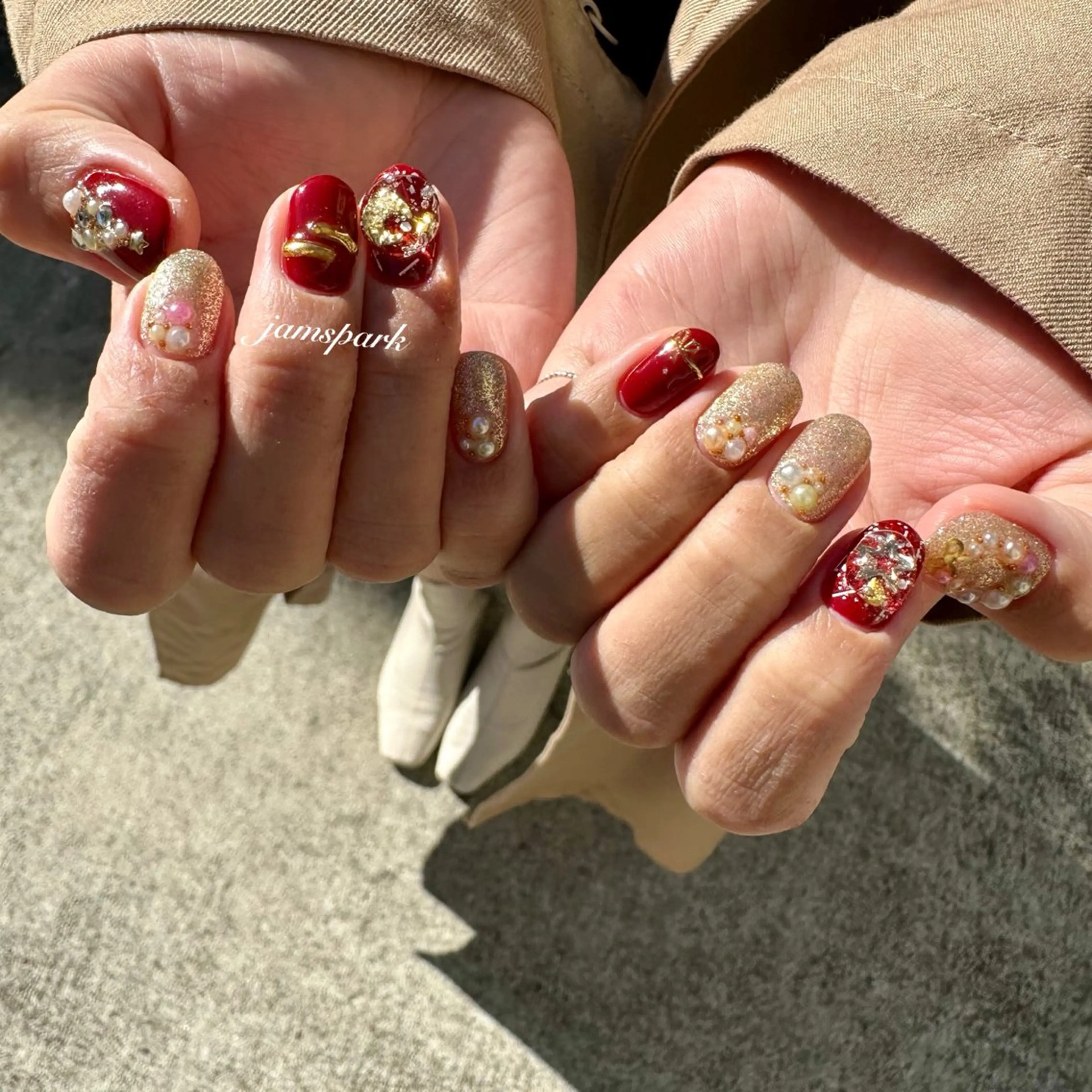 ネイル ボルドー 赤色 冬ネイル クリスマス ハンドネイル jamspark ✨のネイルデザイン