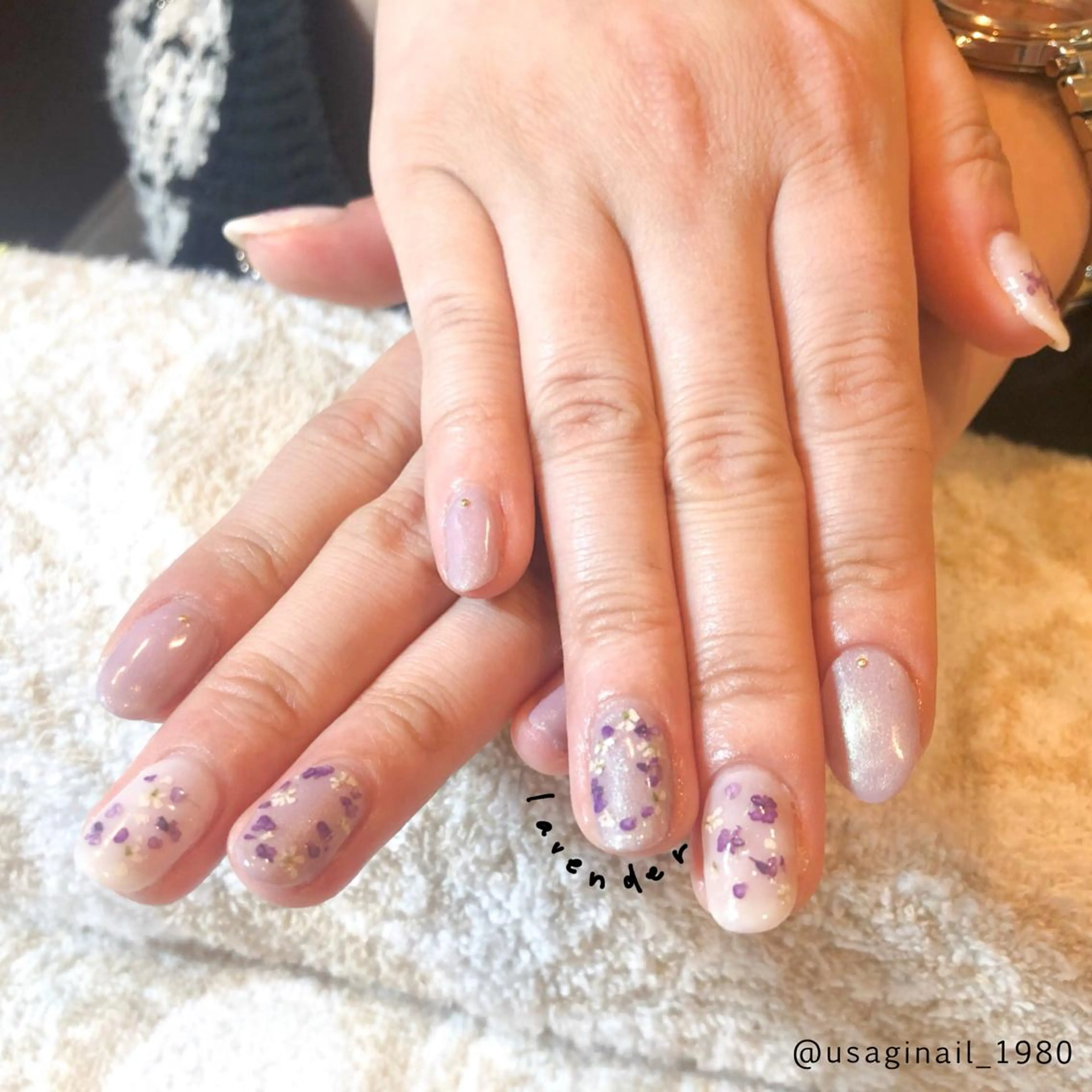 ネイル アートネイル フラワーネイル ジェルネイル ピンク パープル ハンドネイル usagi nailのネイルデザイン