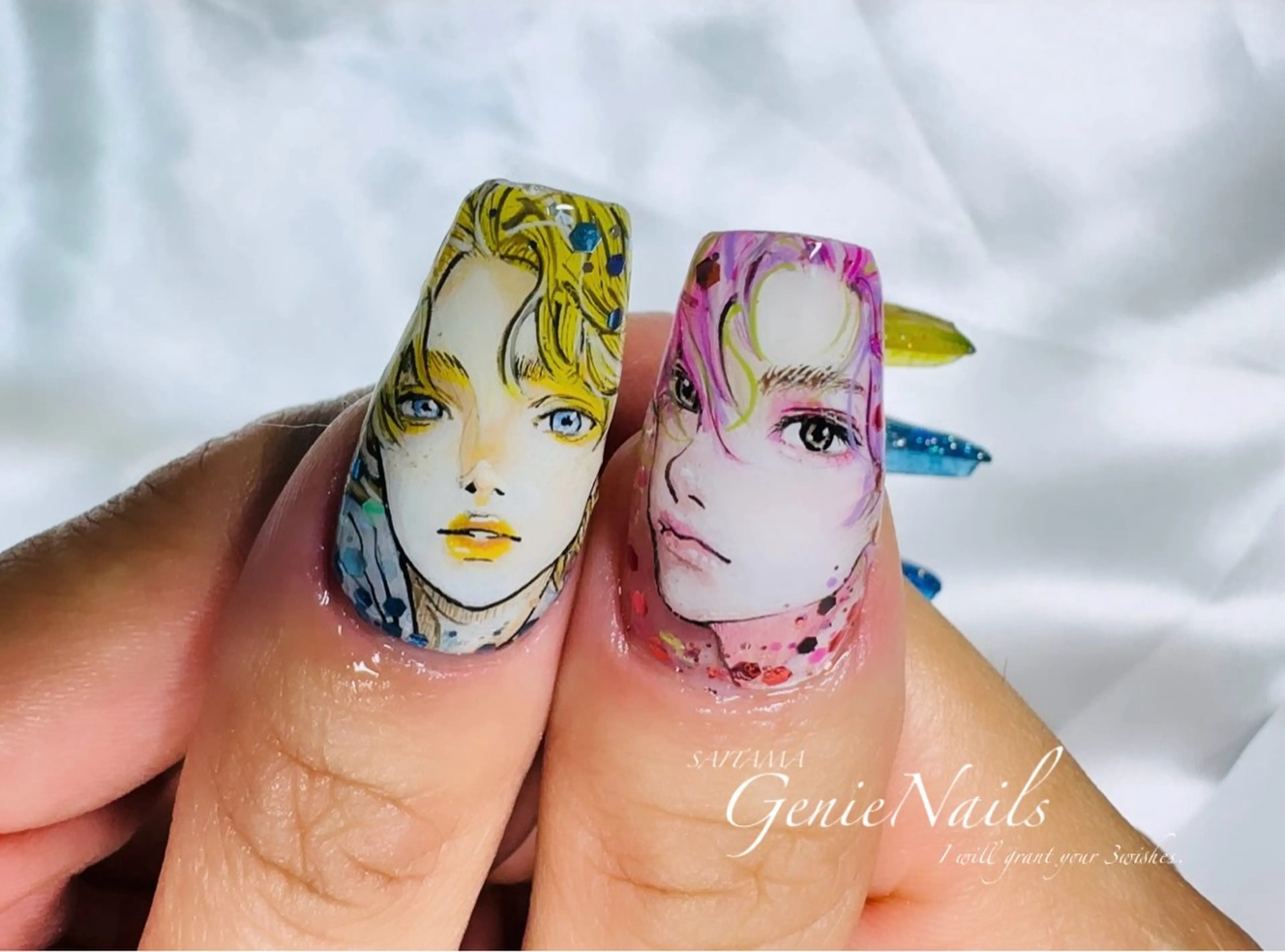メンズ ネイル アートネイル 長さ出し 氷ネイル・うるうるネイル ロングネイル 持ち込み Genie Nailsのネイルデザイン