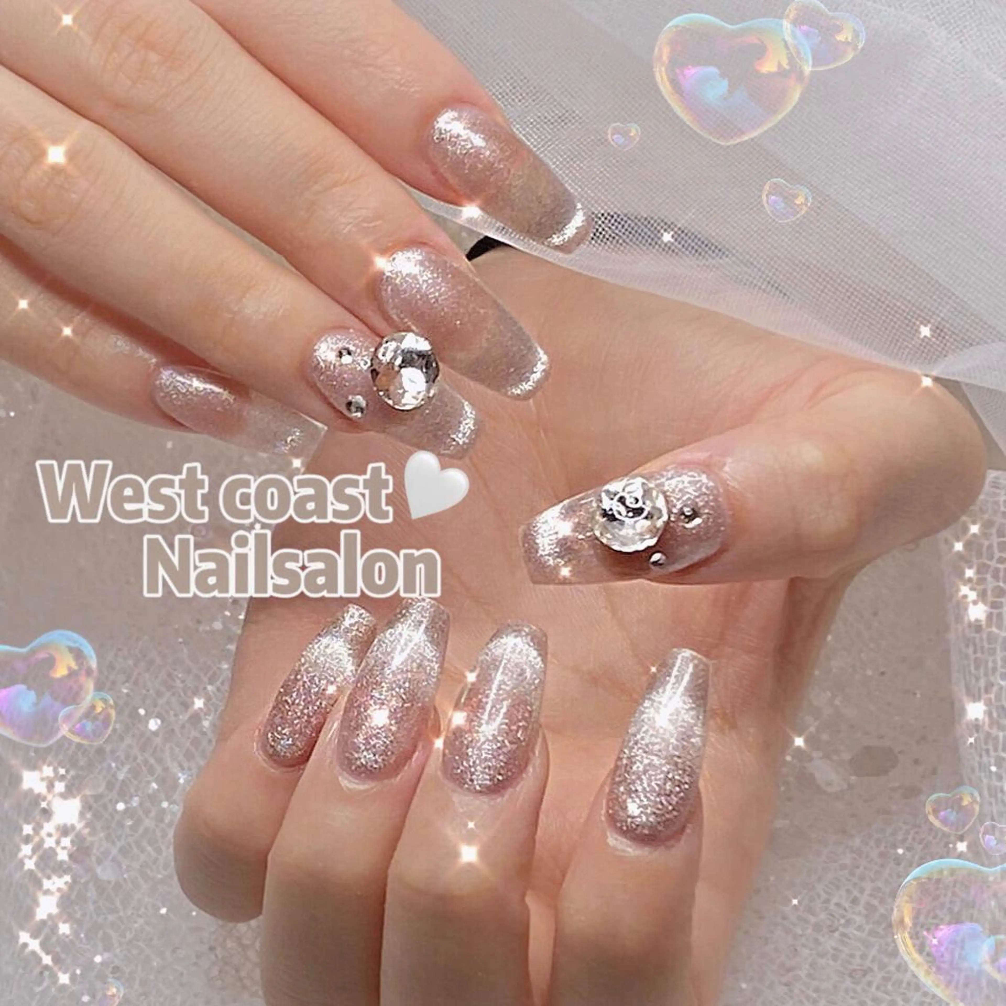 ネイル フレンチネイル キラキラネイル 韓国ネイル マグネットネイル マグネットフレンチ ハンドネイル ハンドケア リボン、ガーリー パーツ放題専門店のネイルデザイン