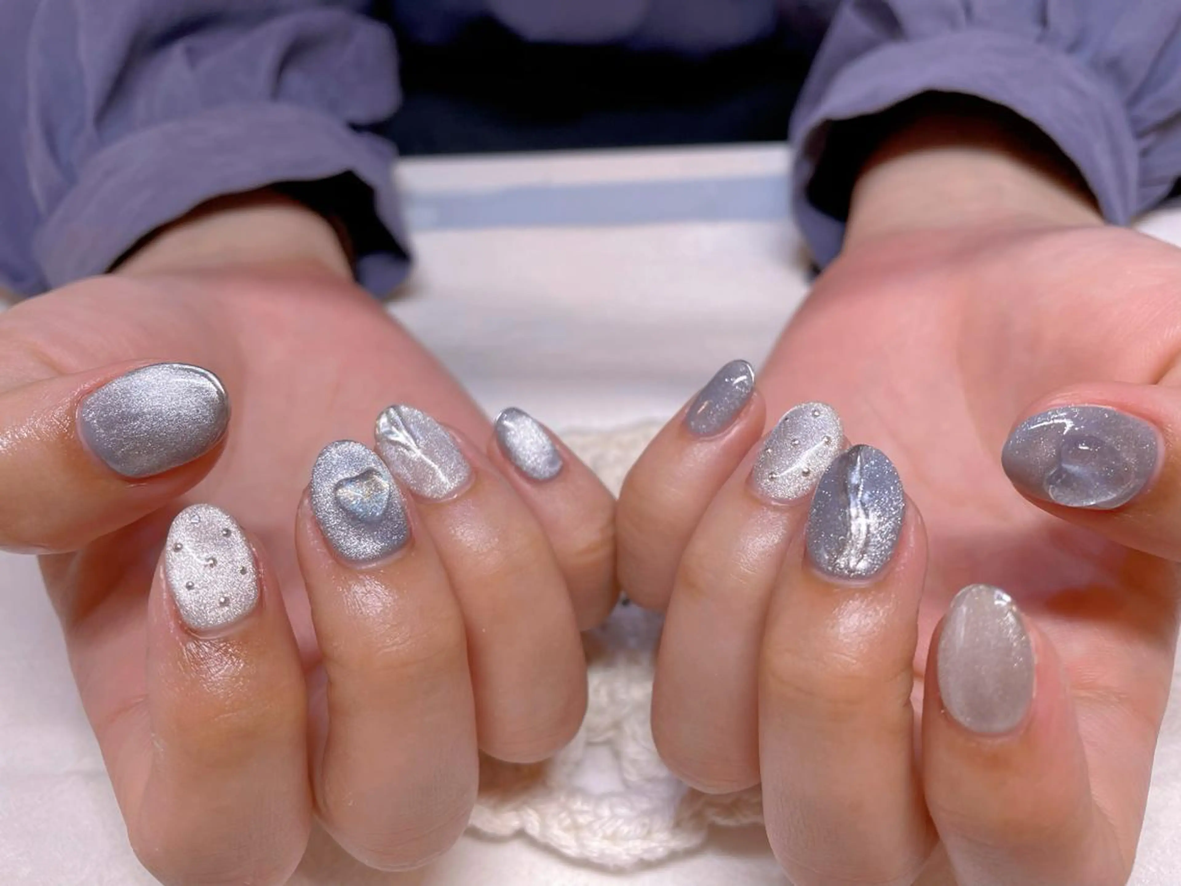 ネイル ブルー ハート マグネットネイル ニュアンスネイル シルバー ハンドネイル ネイリスト ❄️ユキ❄️のネイルデザイン