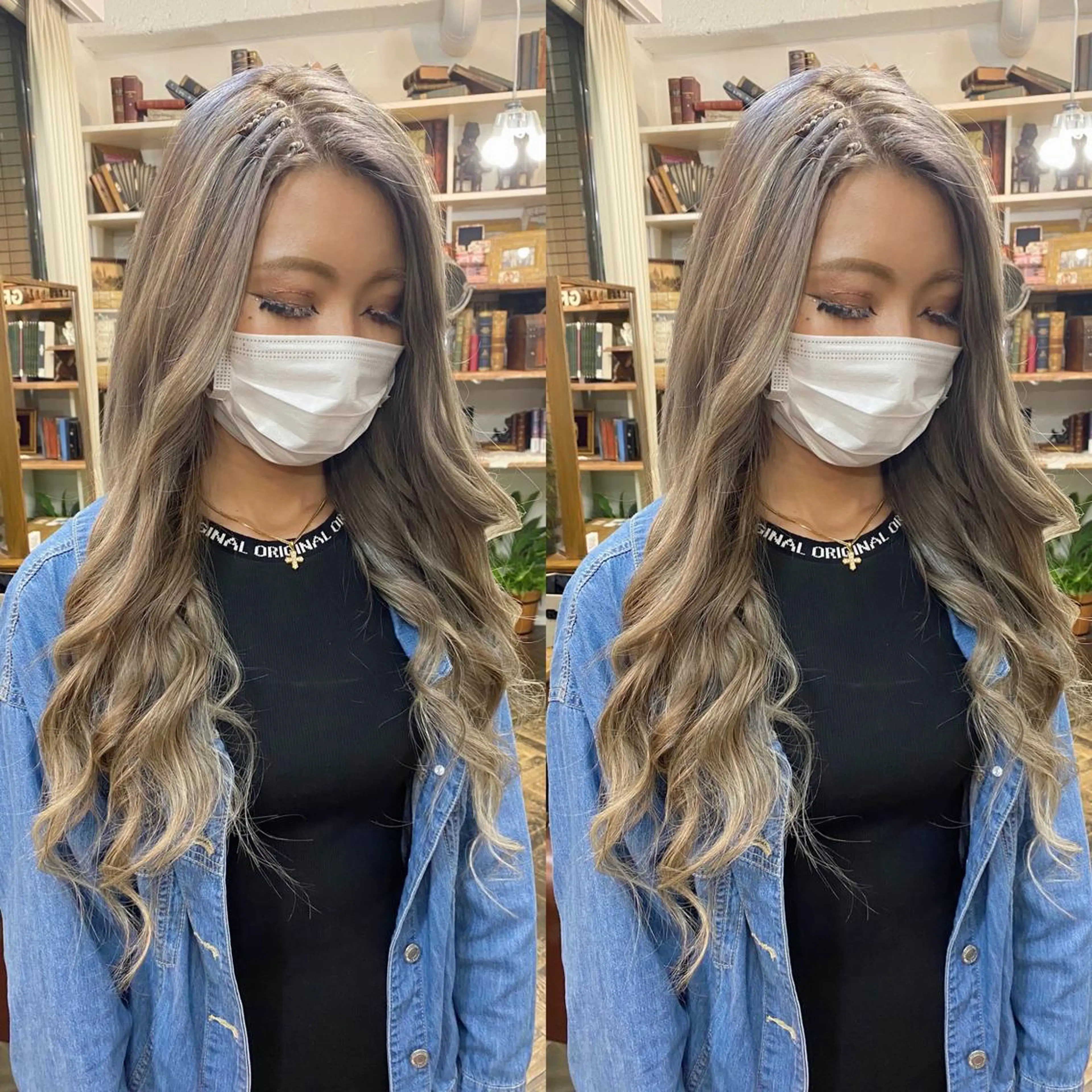 ロング カラー バレイヤージュ ブリーチ ブロンド ダブルカラー イヤリングカラー モモカ/ハイトーン /バレイヤージュのヘアスタイル