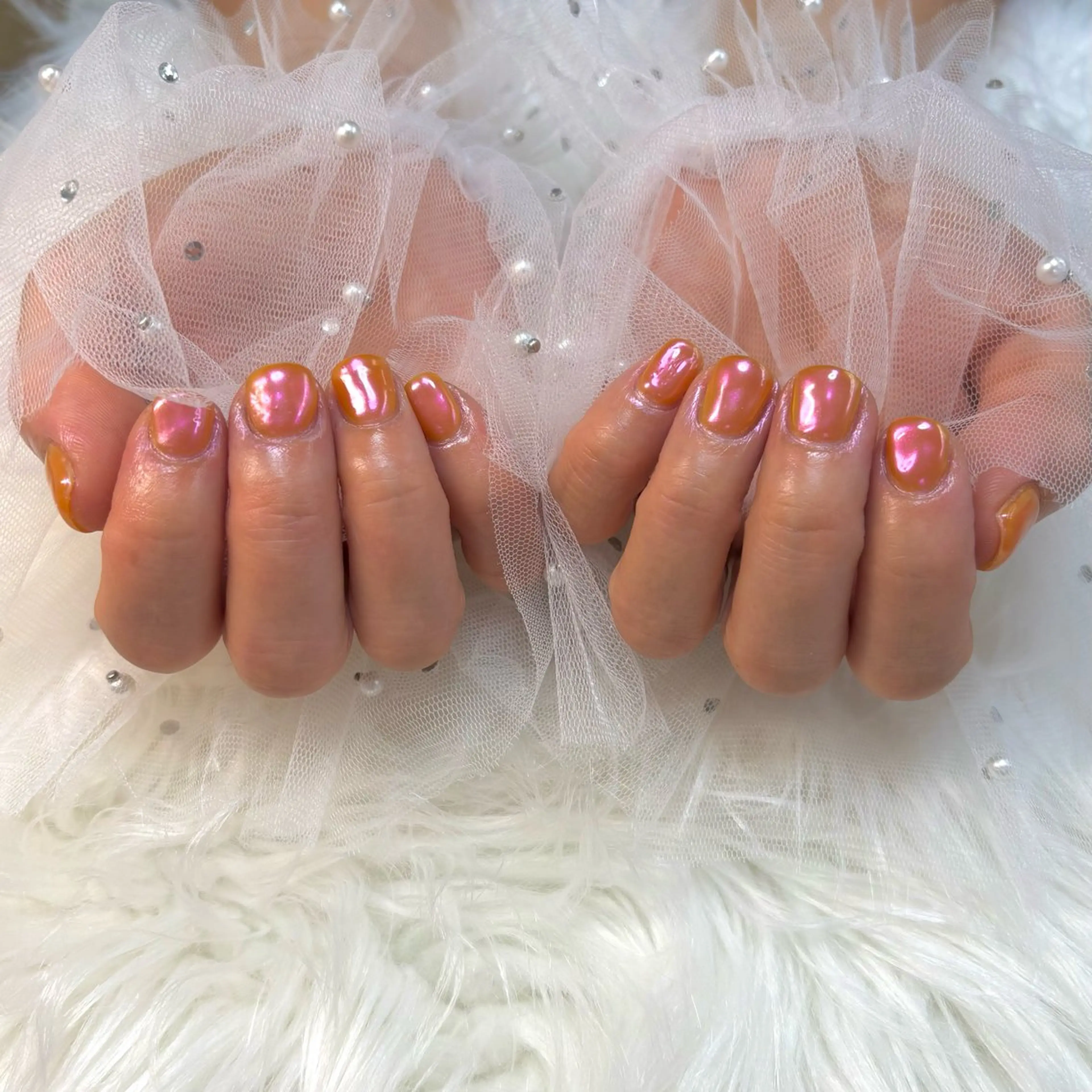 ネイル オーロラネイル 氷ネイル・うるうるネイル オレンジ ハンドネイル SHINE nail salonのネイルデザイン