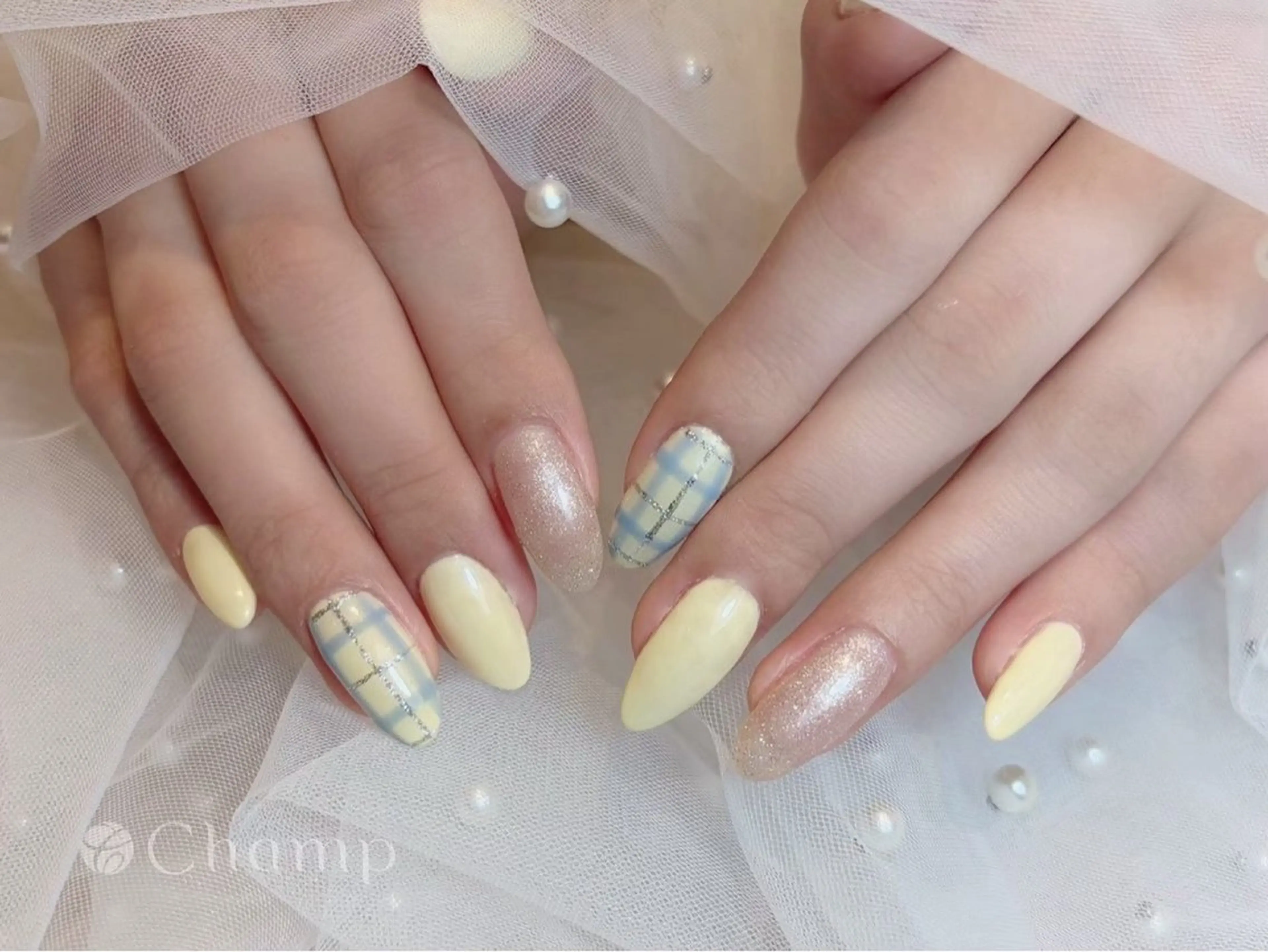 ネイル ガーリー ラメ(グリッター) 水色 パステルネイル 春ネイル ハンドネイル Champ瓢箪山店 つかもとのネイルデザイン